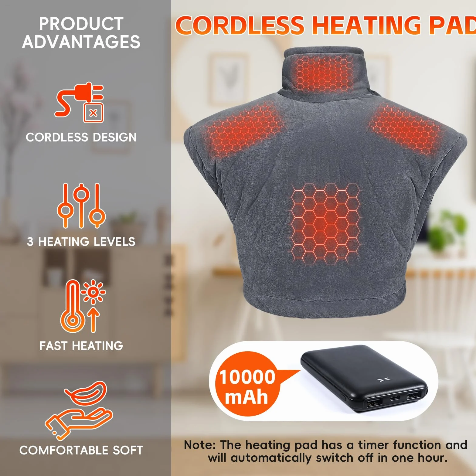 Coussin Chauffant Graphène Cou et Dos 10000mAh 3 Niveaux Réglage Température Arrêt Automatique