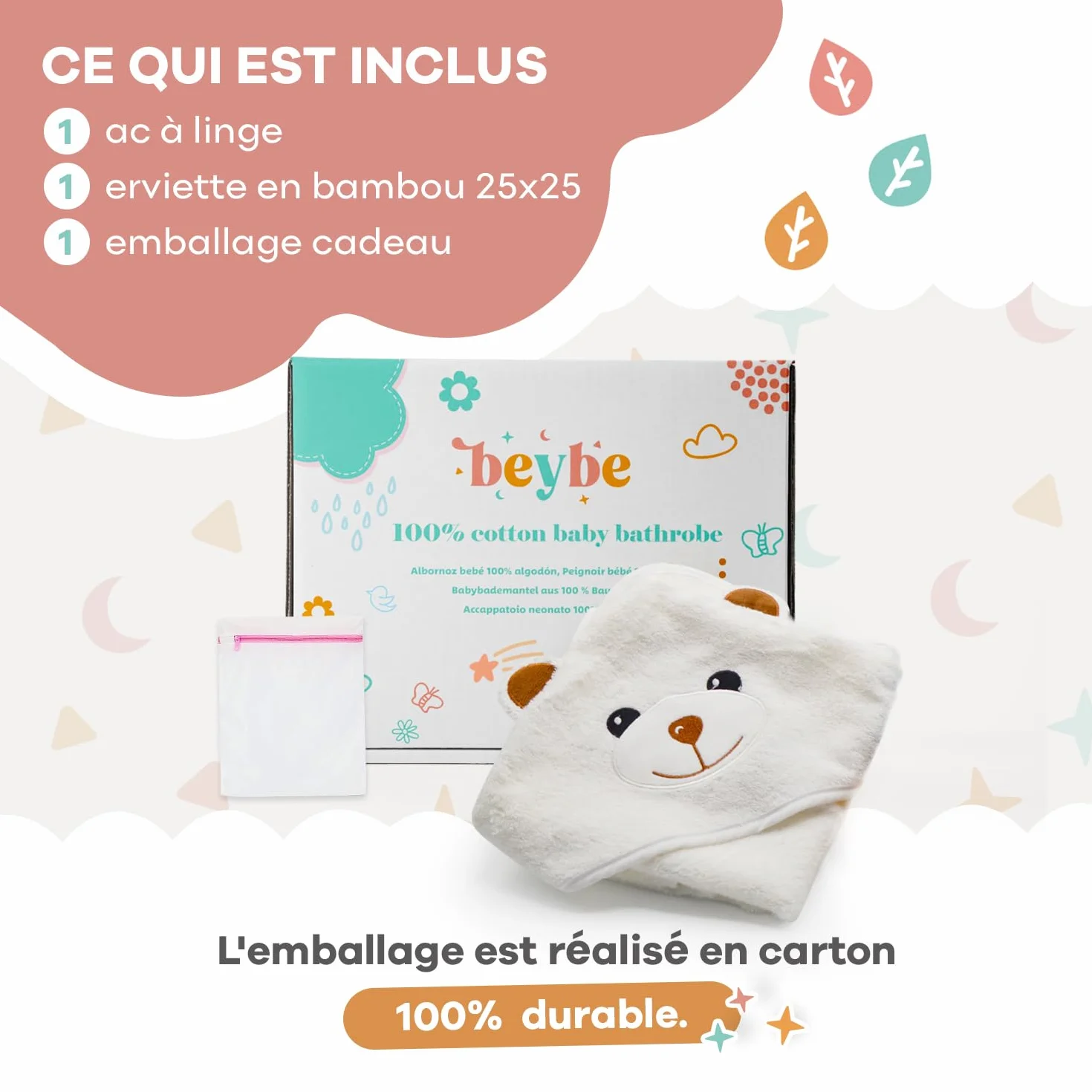 Serviette Bébé 90x90 cm 100% Coton Naturel avec Capuche, Cape de Bain Bébé 0-3 Mois à 3 Ans