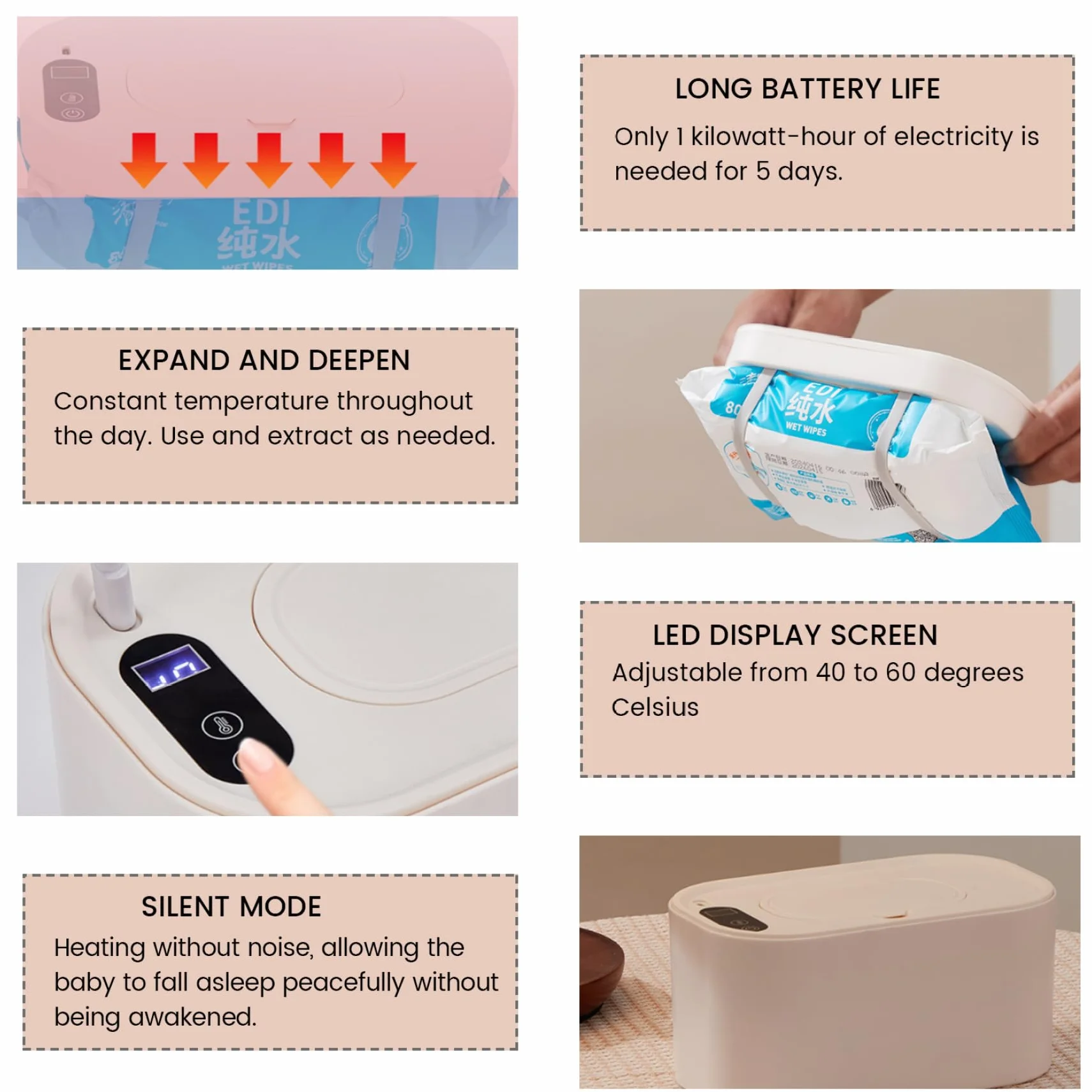 Chauffe-lingettes bébé 40-60 °C réglable silencieux écran LED distributeur USB portable
