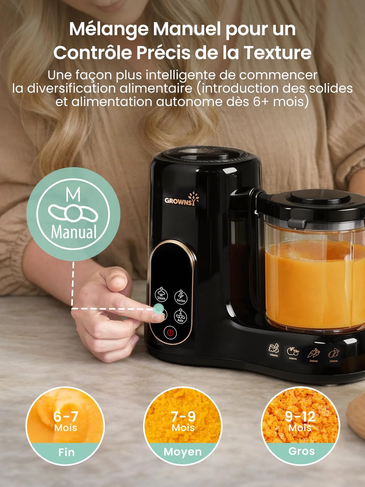 Grownsy Robot Cuiseur Bébé 6-en-1 Cuisson Vapeur Mixeur Stérilisation Réchauffage Décongélation Double Panier Vapeur Sans BPA
