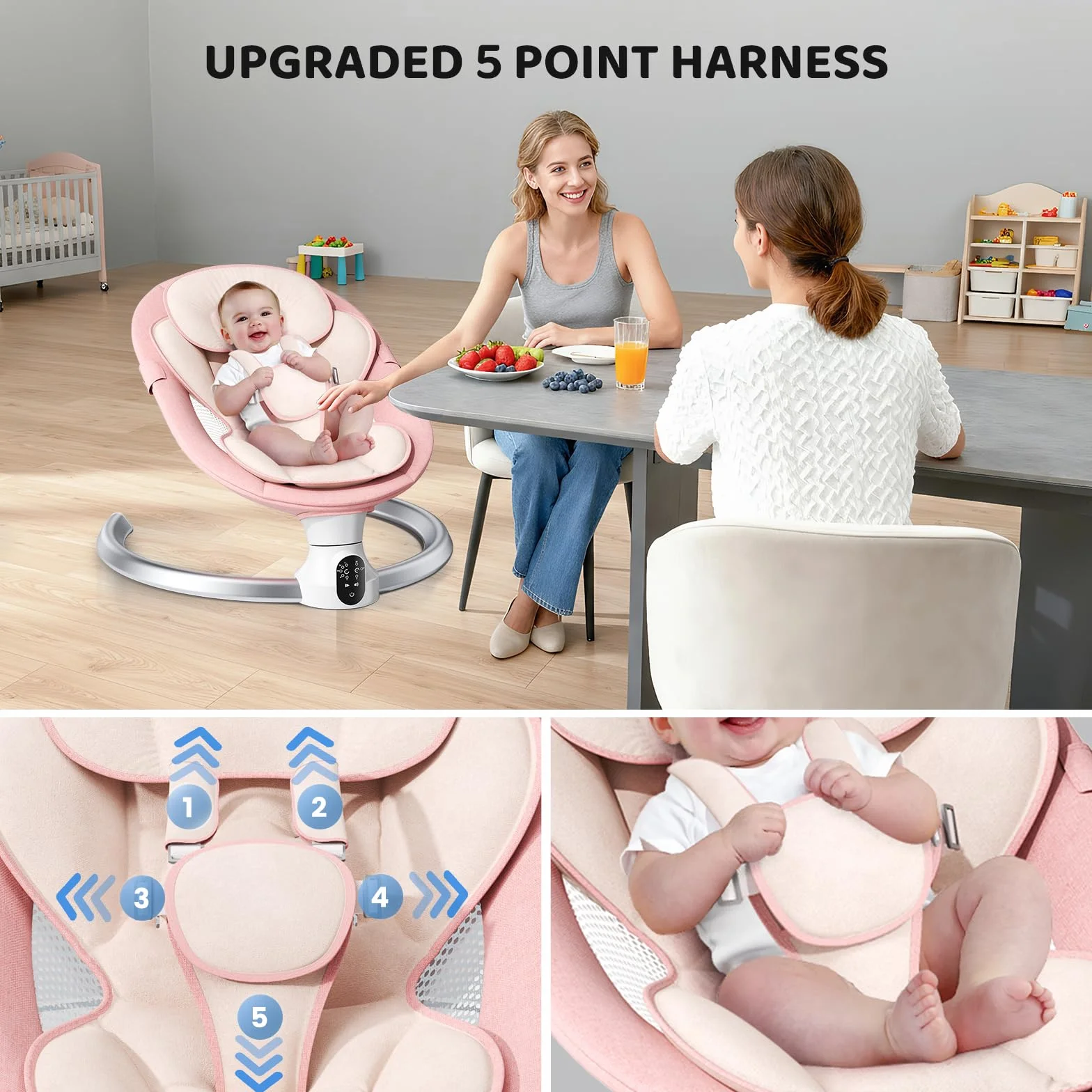 Transat Bébé Électrique avec APP & Télécommande, 3 Minuteries, 5 Vitesses, 10 Musiques, Bluetooth