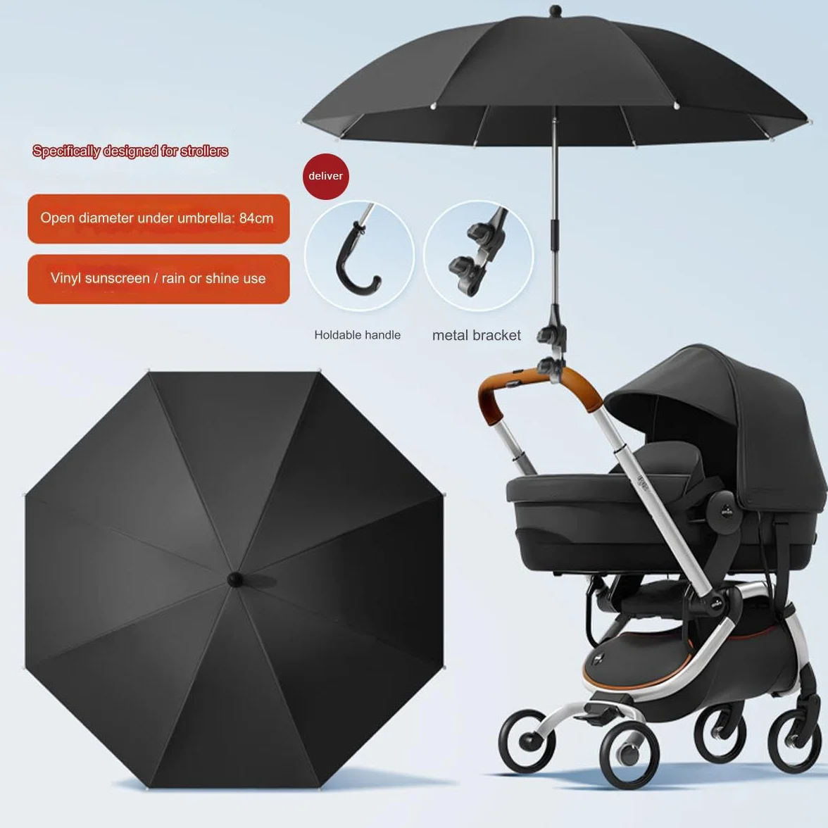 Ombrelle Poussette Universelle Anti UV 50+ Diamètre 85 cm Parasol Réglable Beige