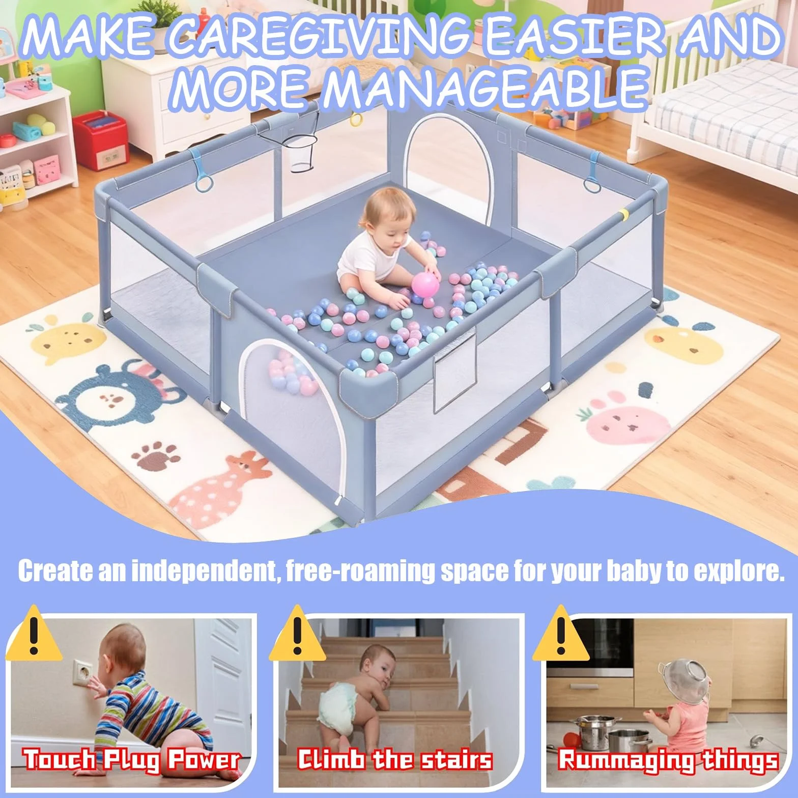 Verdego Parc Bebe 150x180x66cm Enfant avec 50 Boules Fosse 4 Anneaux Traction Mini Vannerie Tissu 210D Oxford Acier Inoxydable Jeu Sécurisé Gris Clair