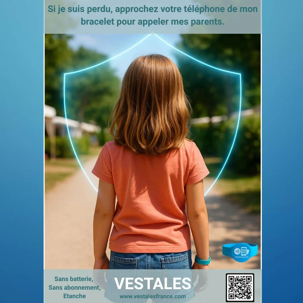 Bracelet Sécurité Enfant NFC Identification Urgence sans Batterie Fabrication Française Bleu 1 Pièce