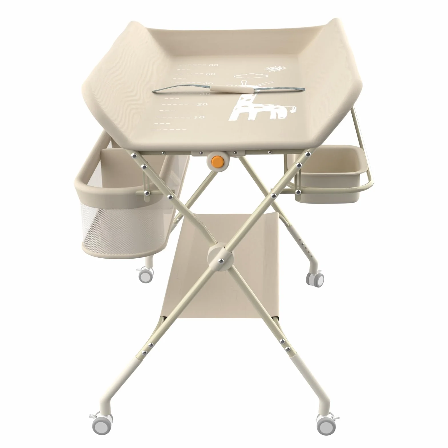 Supfine Table à Langer Pliable avec Panier Latéral, Réglable en Hauteur, Roulettes Verrouillables, Crème