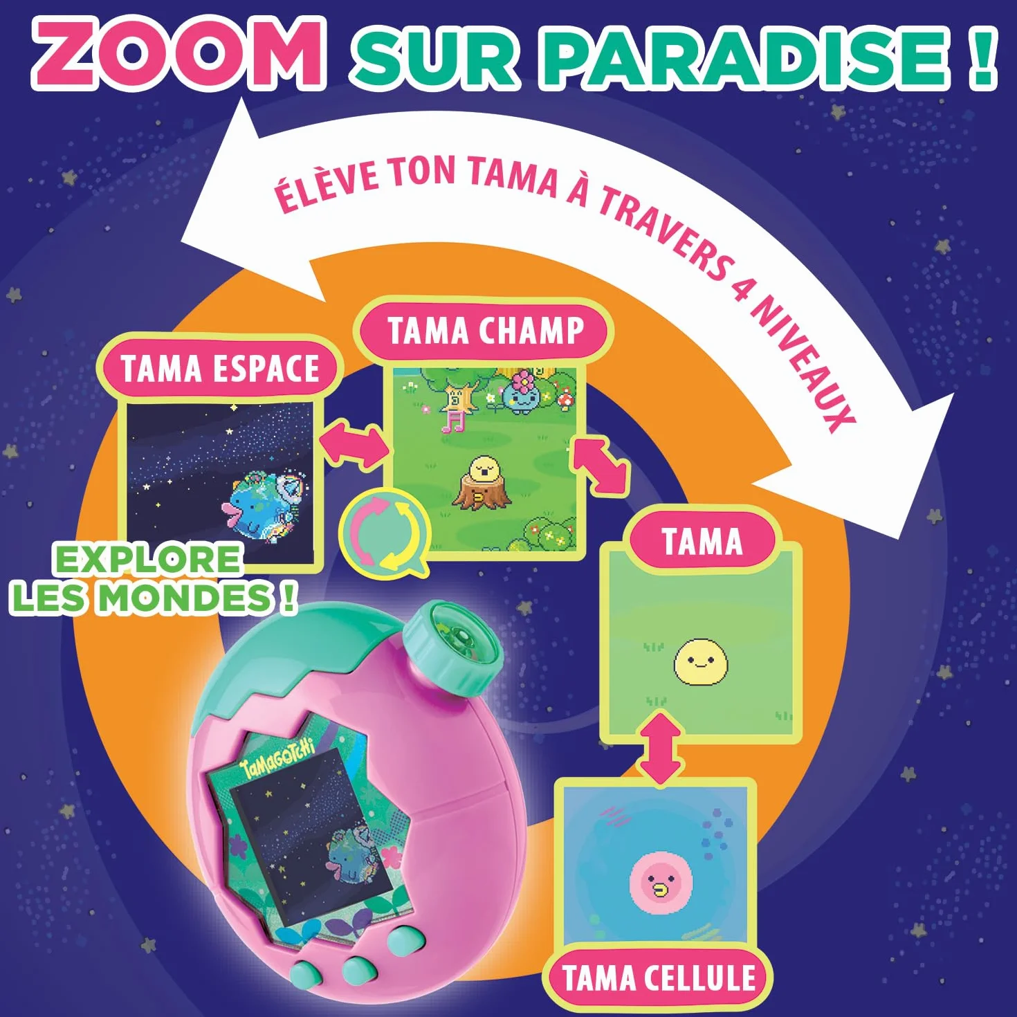 Bandai Tamagotchi Paradise Ciel Animal Virtuel à élever avec molette de Zoom Jouet Interactif français Violet Rose