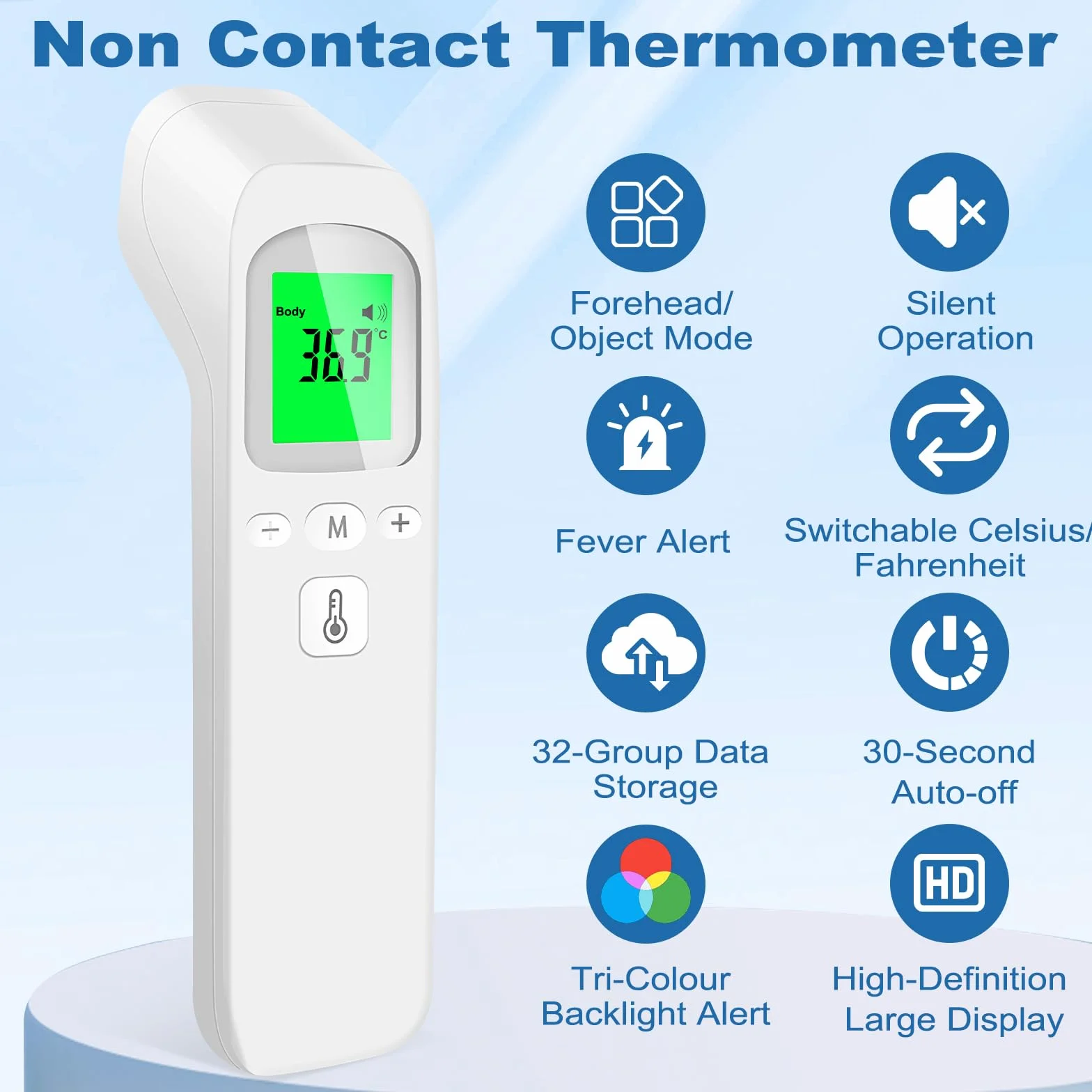 Thermomètre Frontal Bébé et Adultes Infrarouge Sans Contact avec Écran LCD, Mode Muet, Alerte Fièvre, Conversion ℃/℉