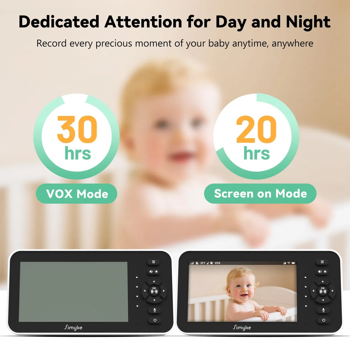 Simyke Moniteur vidéo pour bébé 1080p avec 2 caméras - Écran IPS de 12,7 cm avec contrôle par application, vision nocturne HD, alertes de mouvement, conversation bidirectionnelle, accès