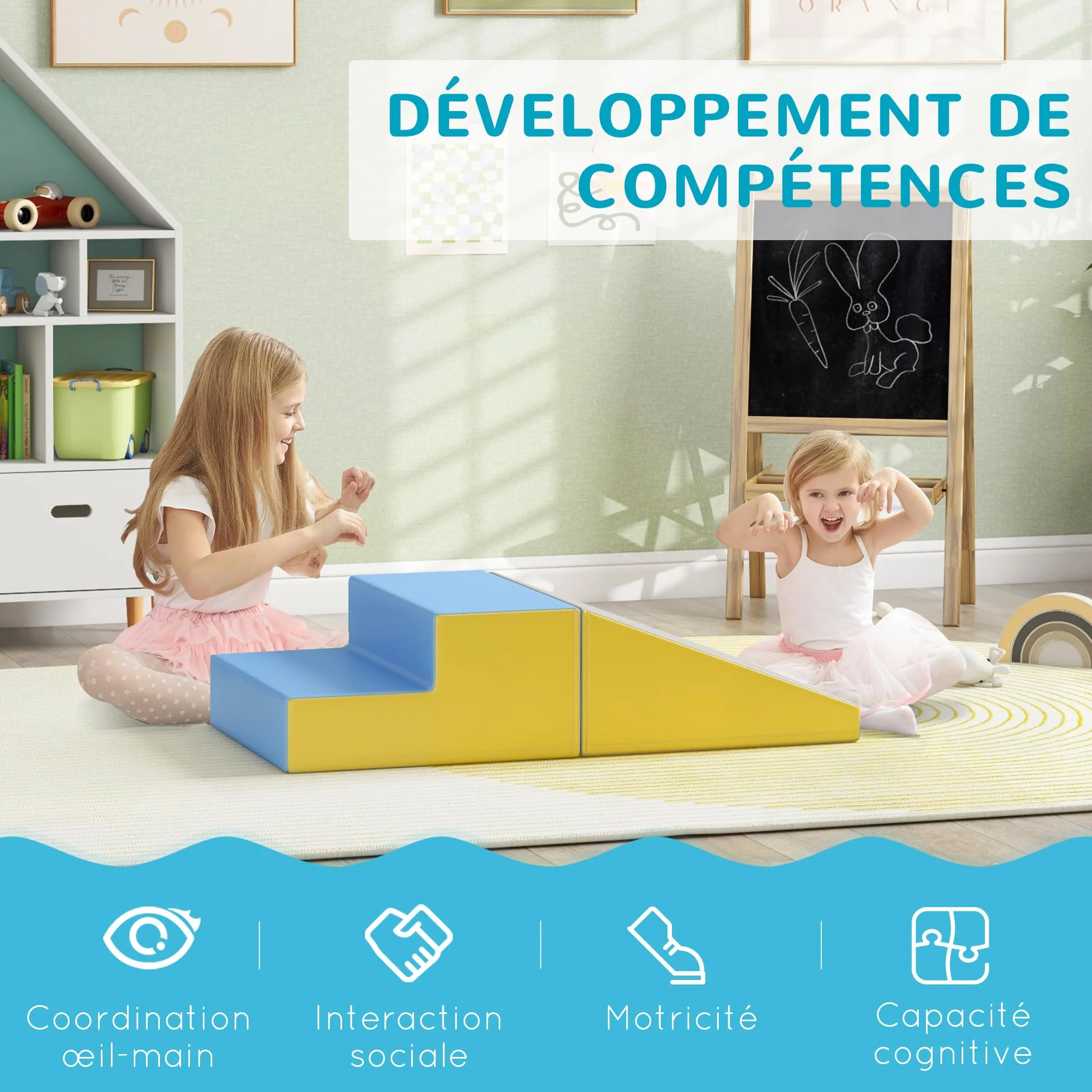 HOMCOM Parcours motricité bébé modulable, Jouets d'escalade, Blocs de construction en mousse, 2 Briques géantes, pour Enfants 12-36 Mois, Multicolore