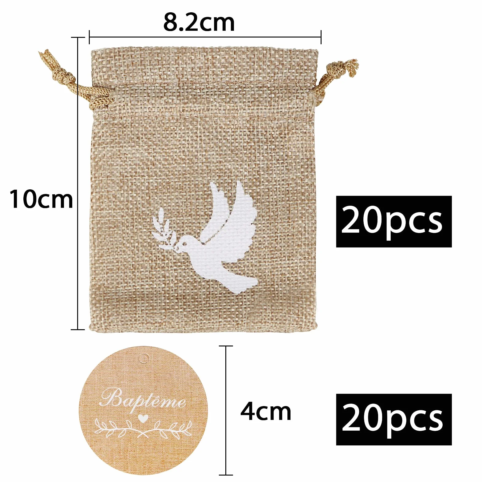 20Pcs Sachet Jute Etiquette Baptême Pochette Dragée Motif Colombe Cadeau Invité Décoration avec Ruban