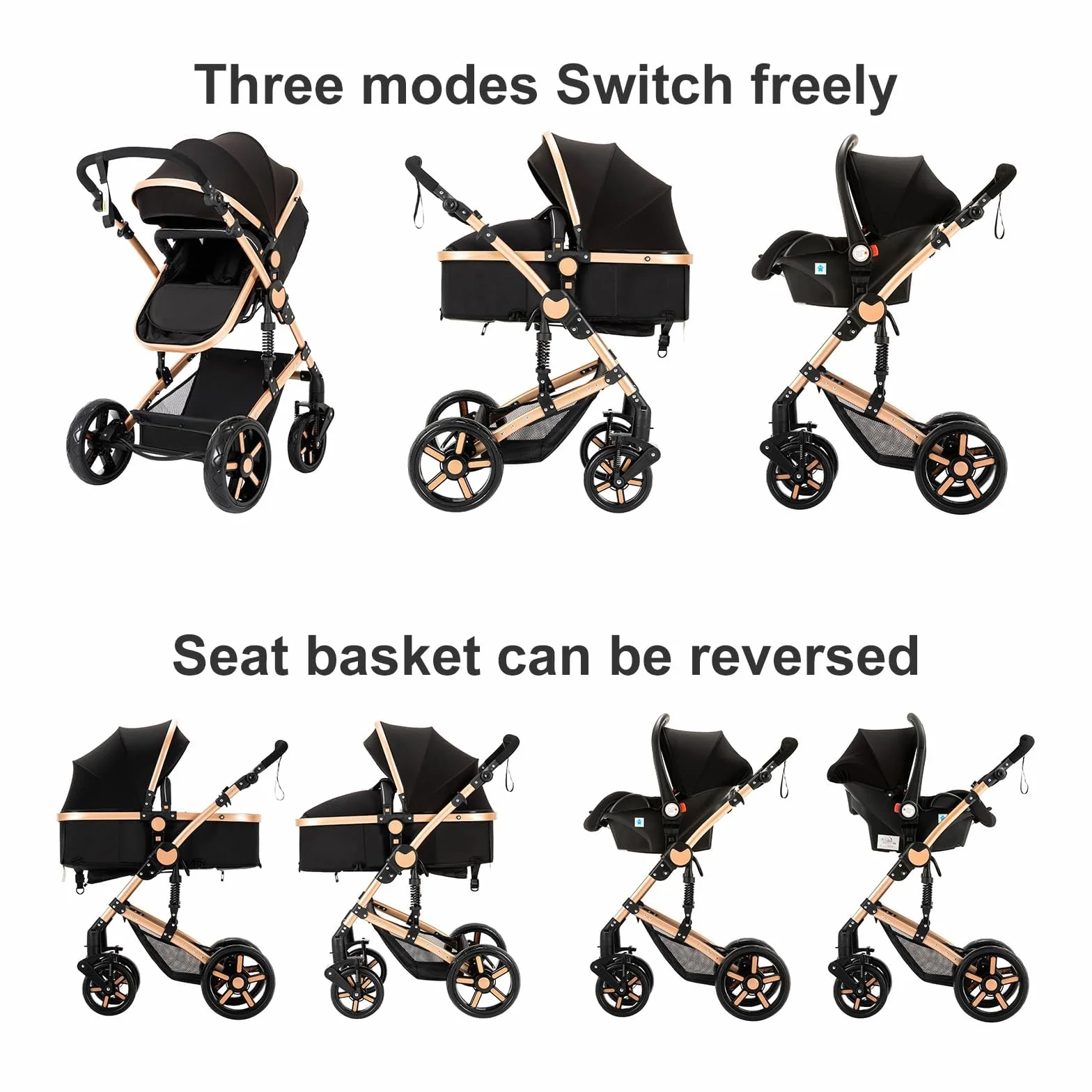 Poussette 3 en 1 Haute Vue Pliante Aluminium Système Voyage Bébé Noir Doré