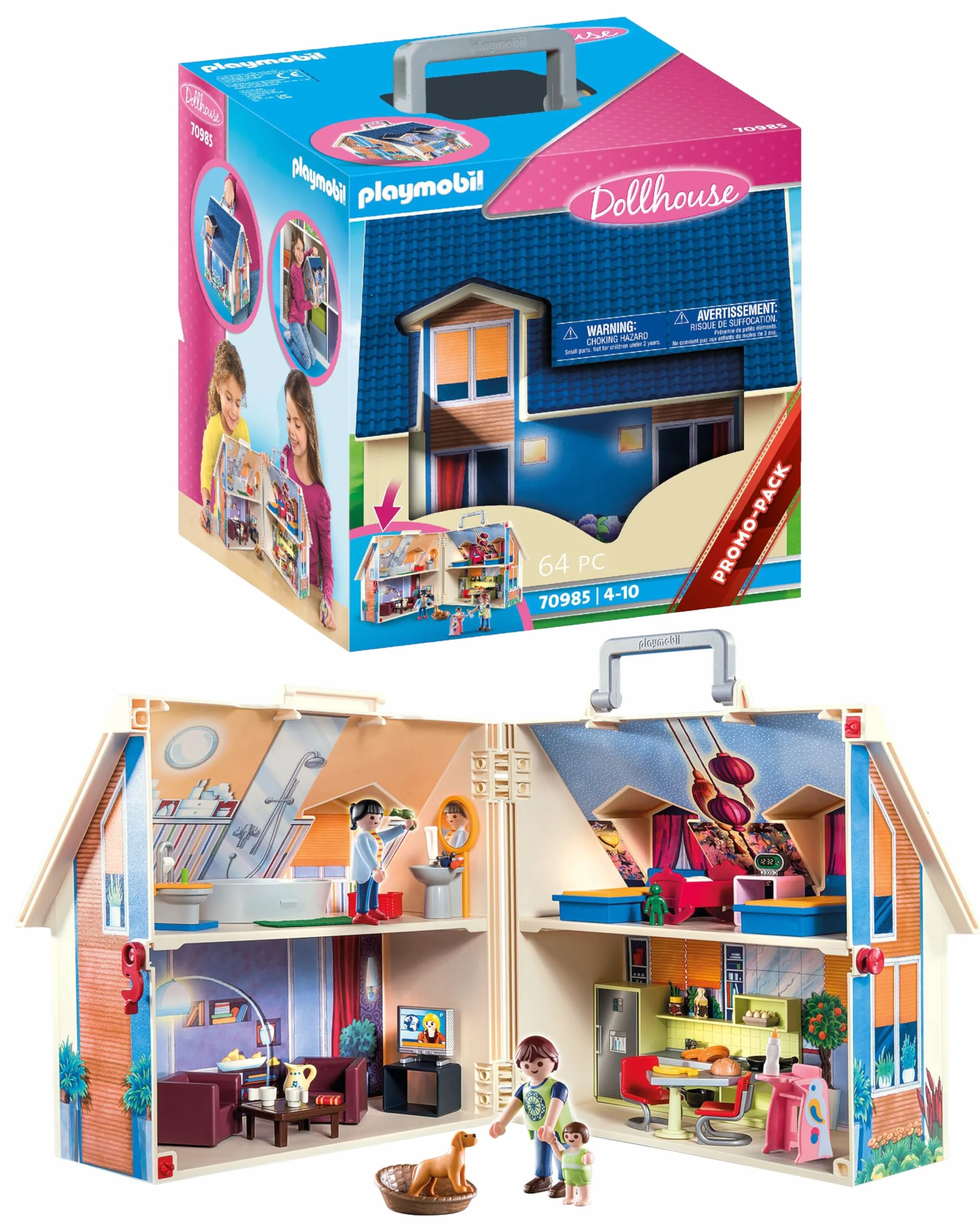 Playmobil 70985 Maison Transportable - Dollhouse avec Trois Personnages, Salle de Bains, Chambre, Salon et Cuisine - Dès 5 Ans