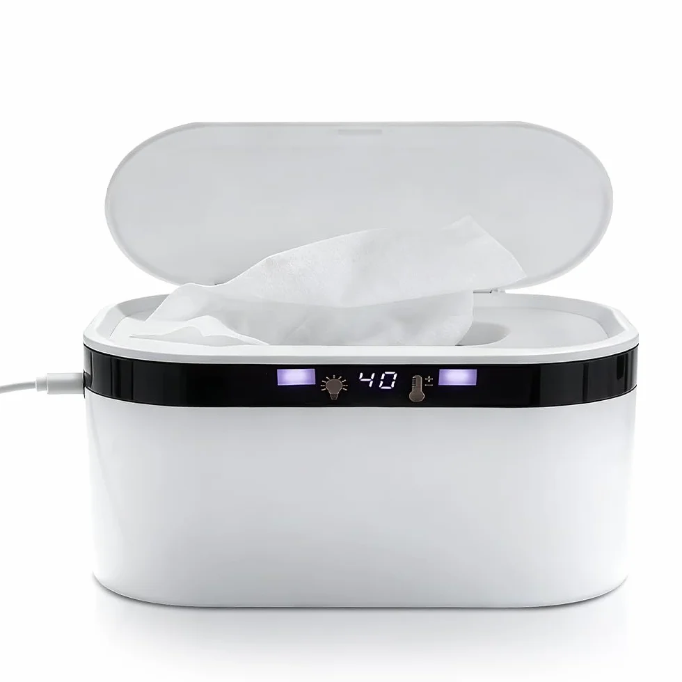 Chauffe-lingettes bébé avec veilleuse, distributeur lingettes humides 5 températures, chauffage rapide