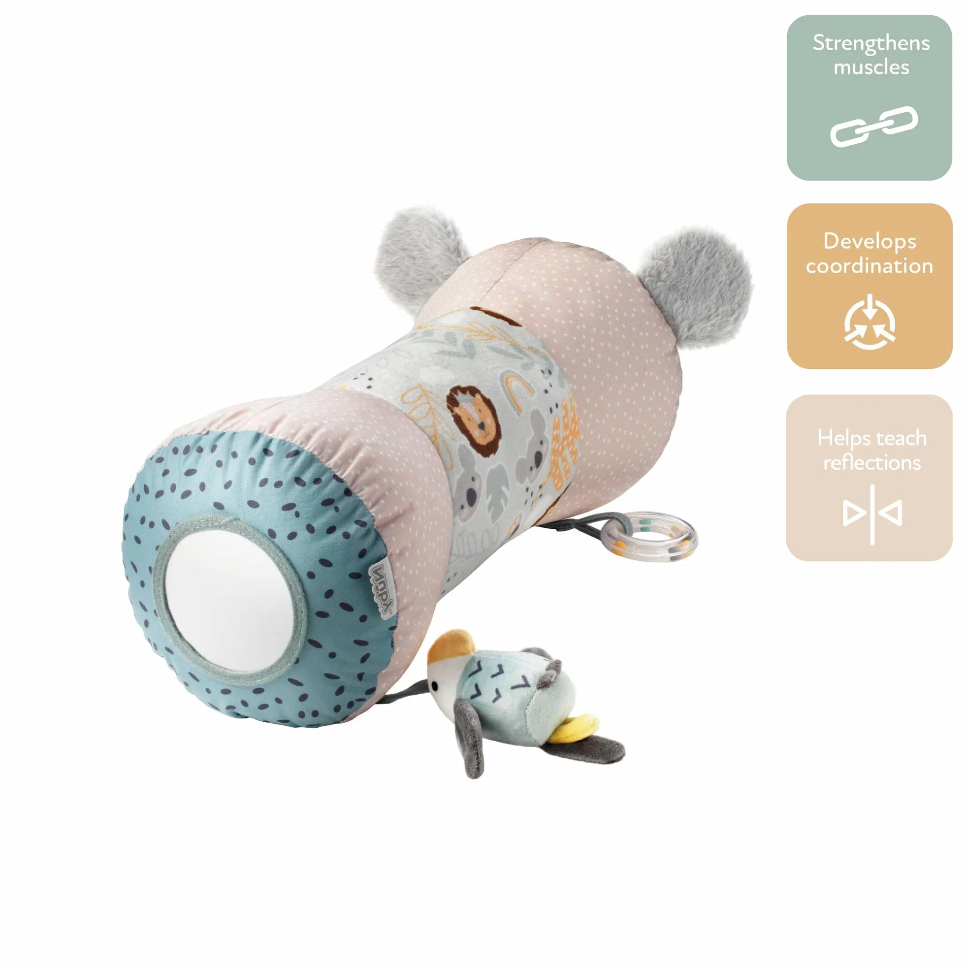 Nuby Coussin Tummy Time Animal Adventures – Support bébé pour le temps sur le ventre – Jouets sensoriels – Miroir sûr pour bébé – Peluche – Dès la naissance