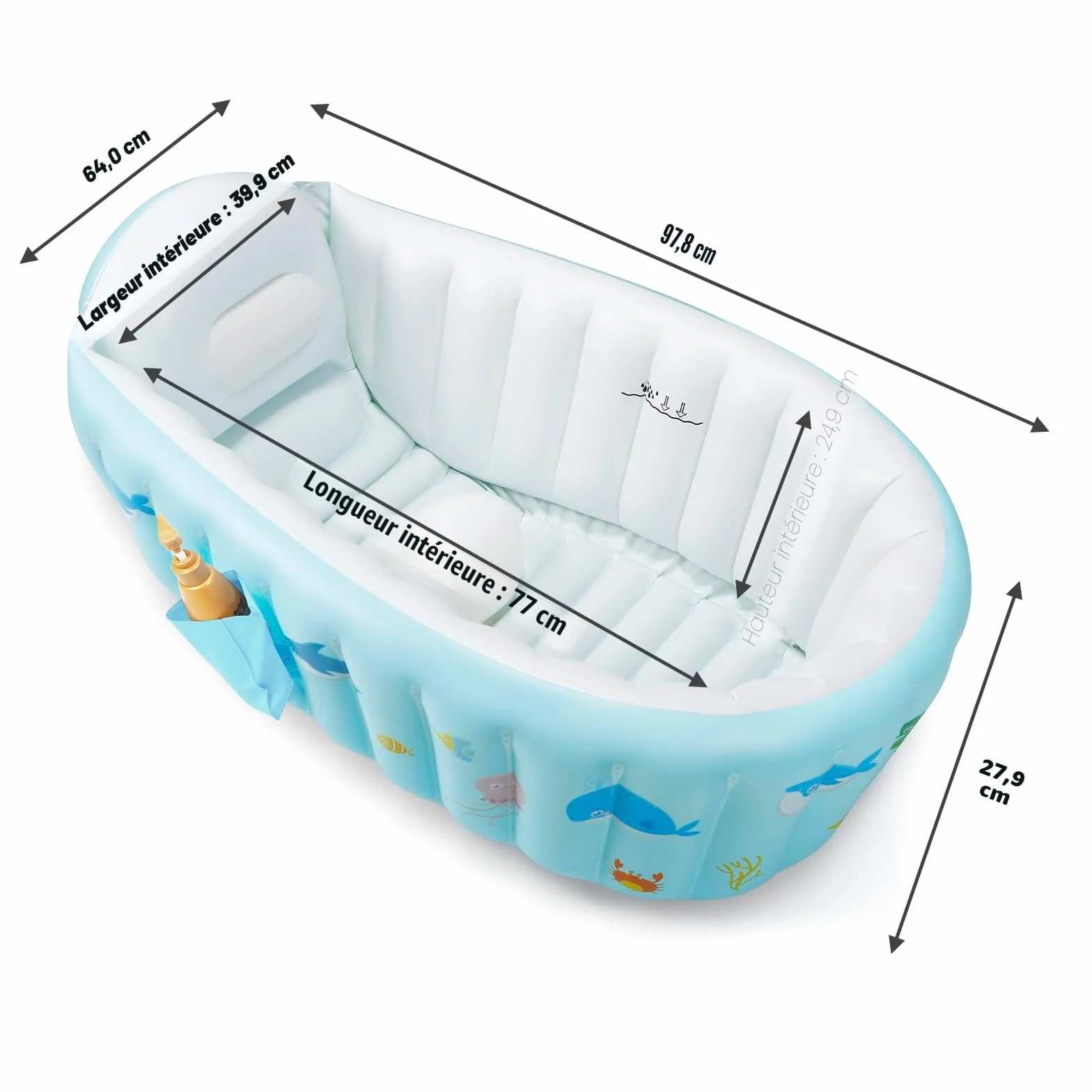PandaEar Baignoire gonflable portable bébé enfant bassin antidérapant pompe à air bleu baleine