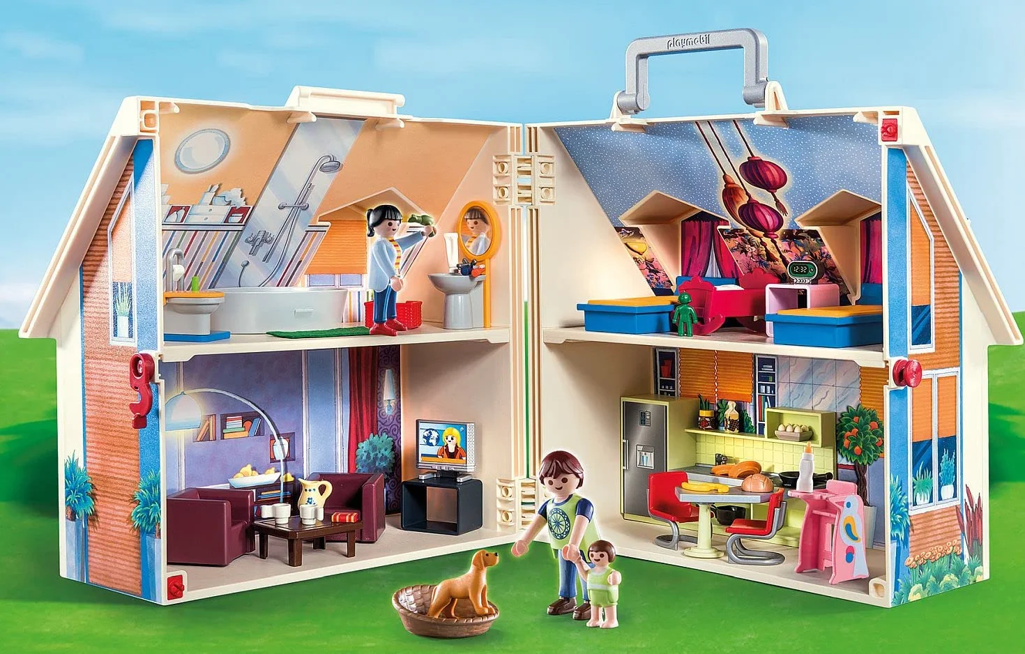 Playmobil 70985 Maison Transportable - Dollhouse avec Trois Personnages, Salle de Bains, Chambre, Salon et Cuisine - Dès 5 Ans