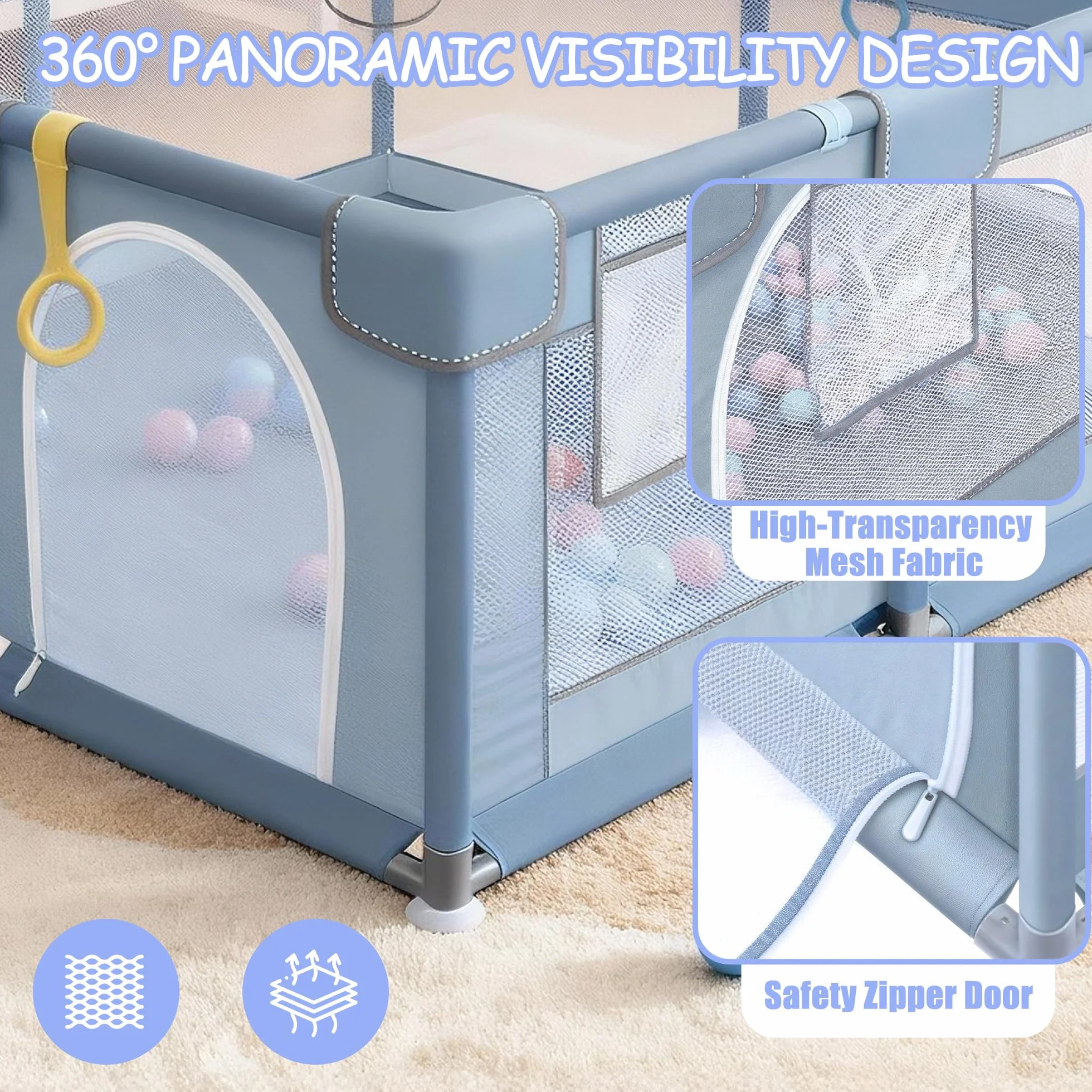 Verdego Parc Bebe 150x180x66cm Enfant avec 50 Boules Fosse 4 Anneaux Traction Mini Vannerie Tissu 210D Oxford Acier Inoxydable Jeu Sécurisé Gris Clair
