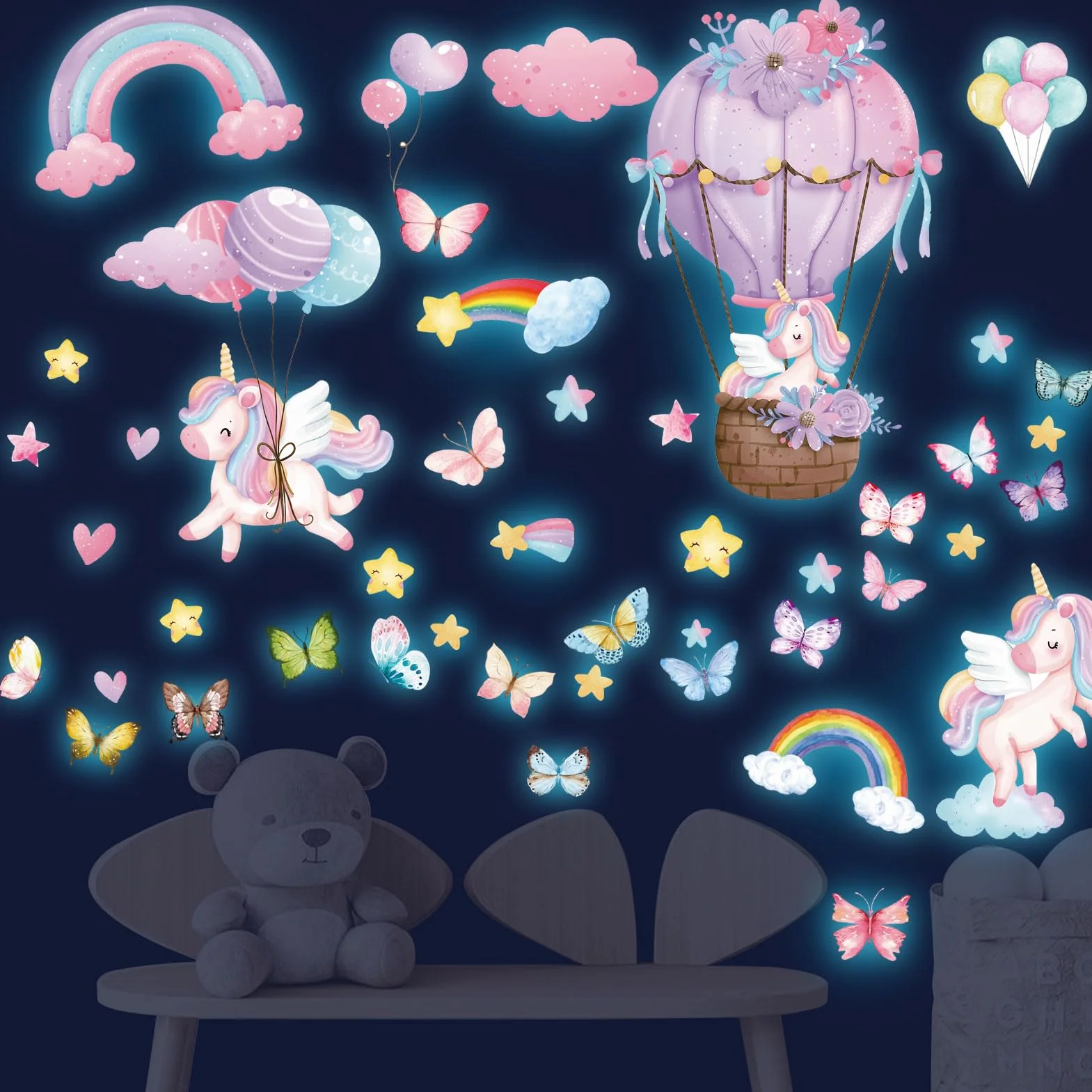 Licorne Étoile Lumineuse Autocollant Mural Arc en Ciel Décoration Murale Chambre Enfants