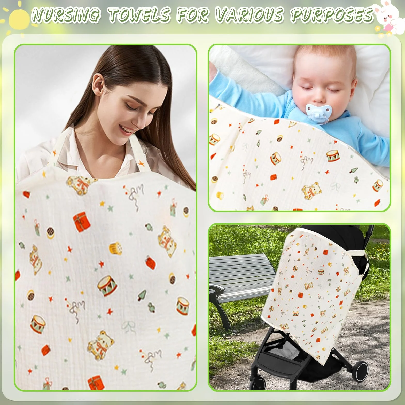 Cape Allaitement Bebe 93 x 65 cm Coton Boucle de Fixation Beige Ours