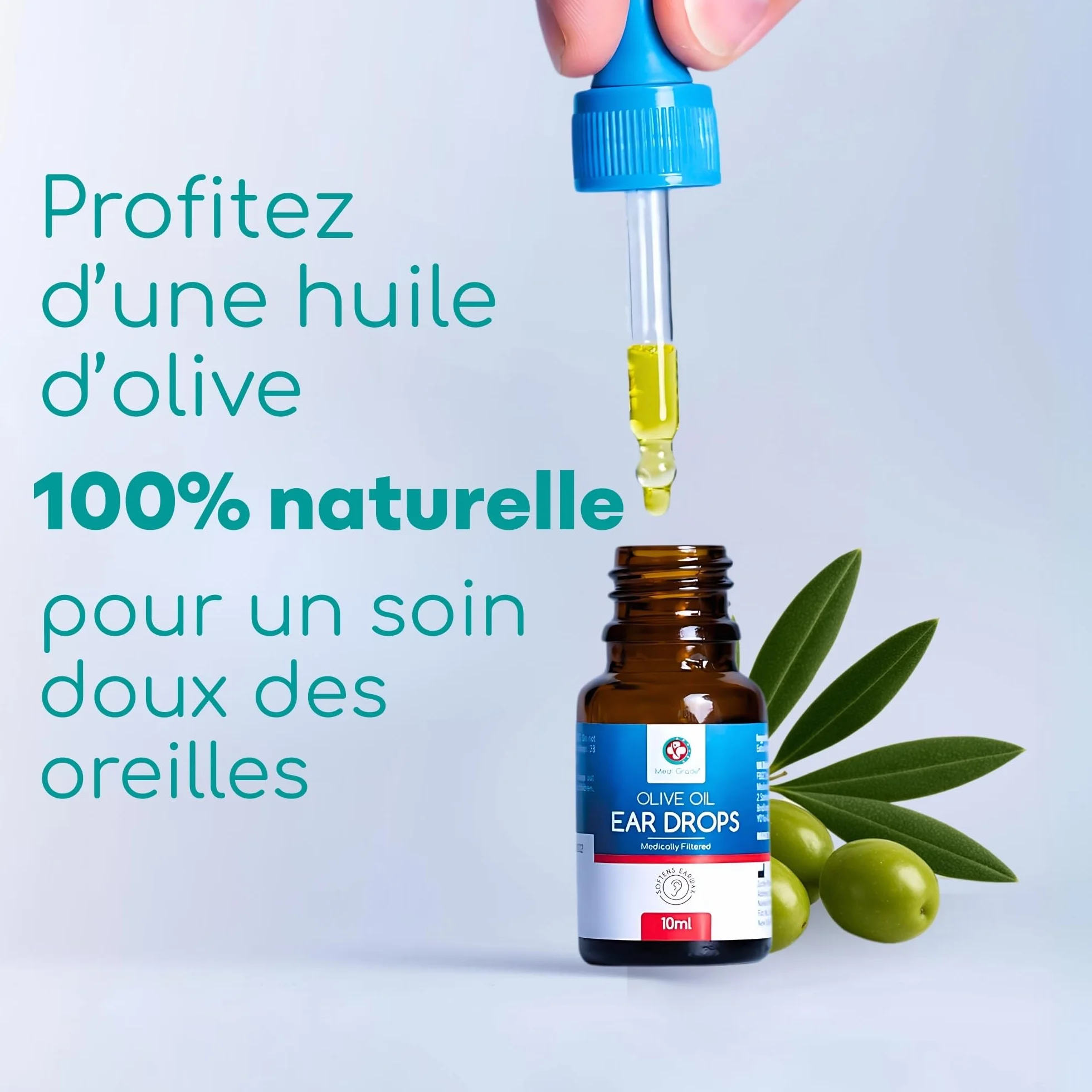 Medi Grade Gouttes Oreilles Huile d'Olive 100% Pure Qualité Médicale 10 mL - Fluidifie Élimine Cérumen Oreille