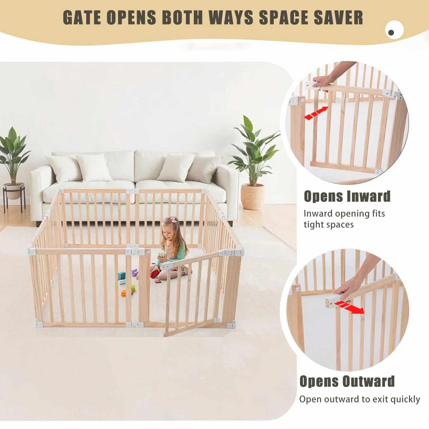Parc bébé pliable en bois naturel 152x76 cm avec porte sécurisée et ventouses antidérapantes