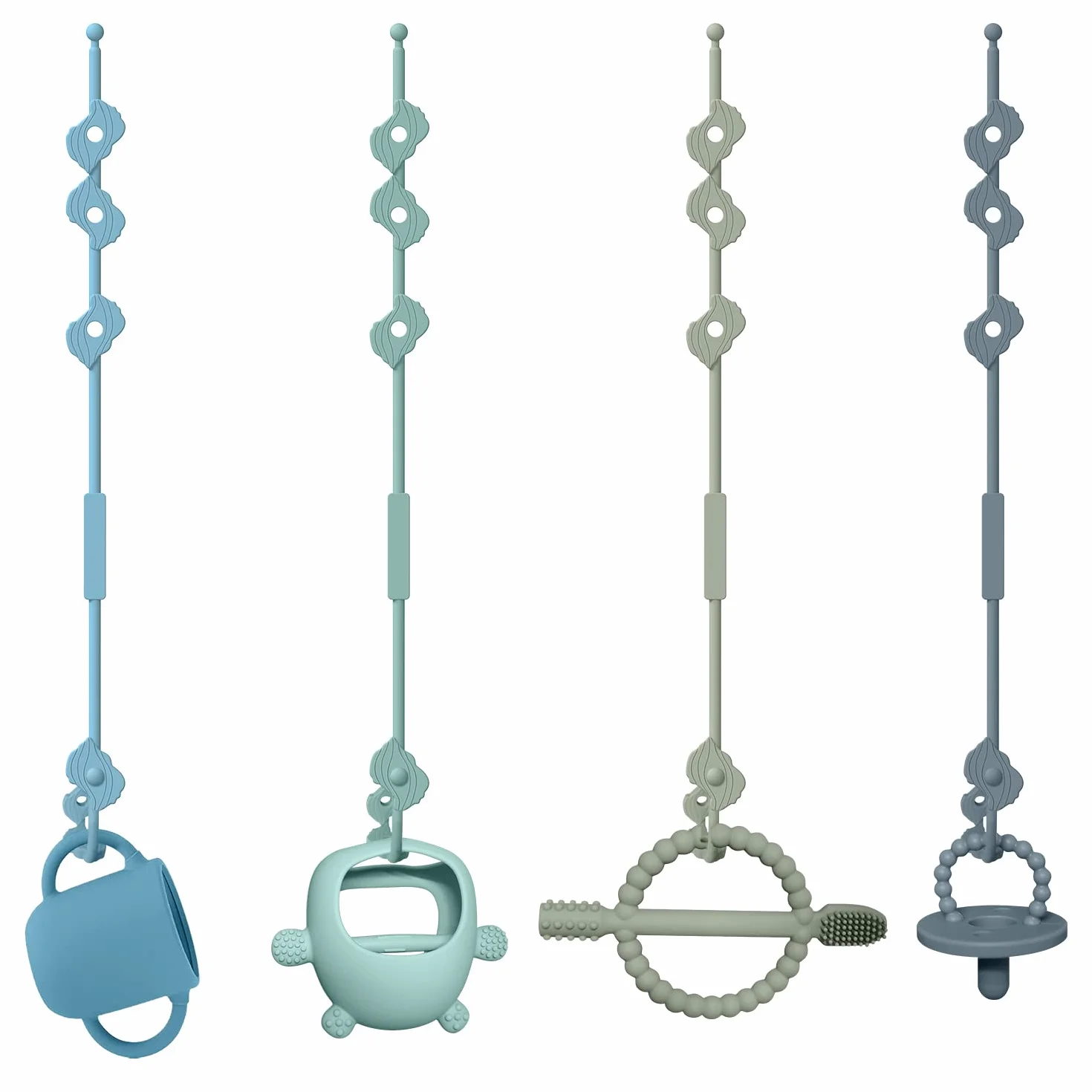 Lot de 4 Ceintures de Sécurité pour Jouets, Sangles pour Tasse, Silicone Pacifier Chain, pour Poussette, Chaise Haute, Berceau