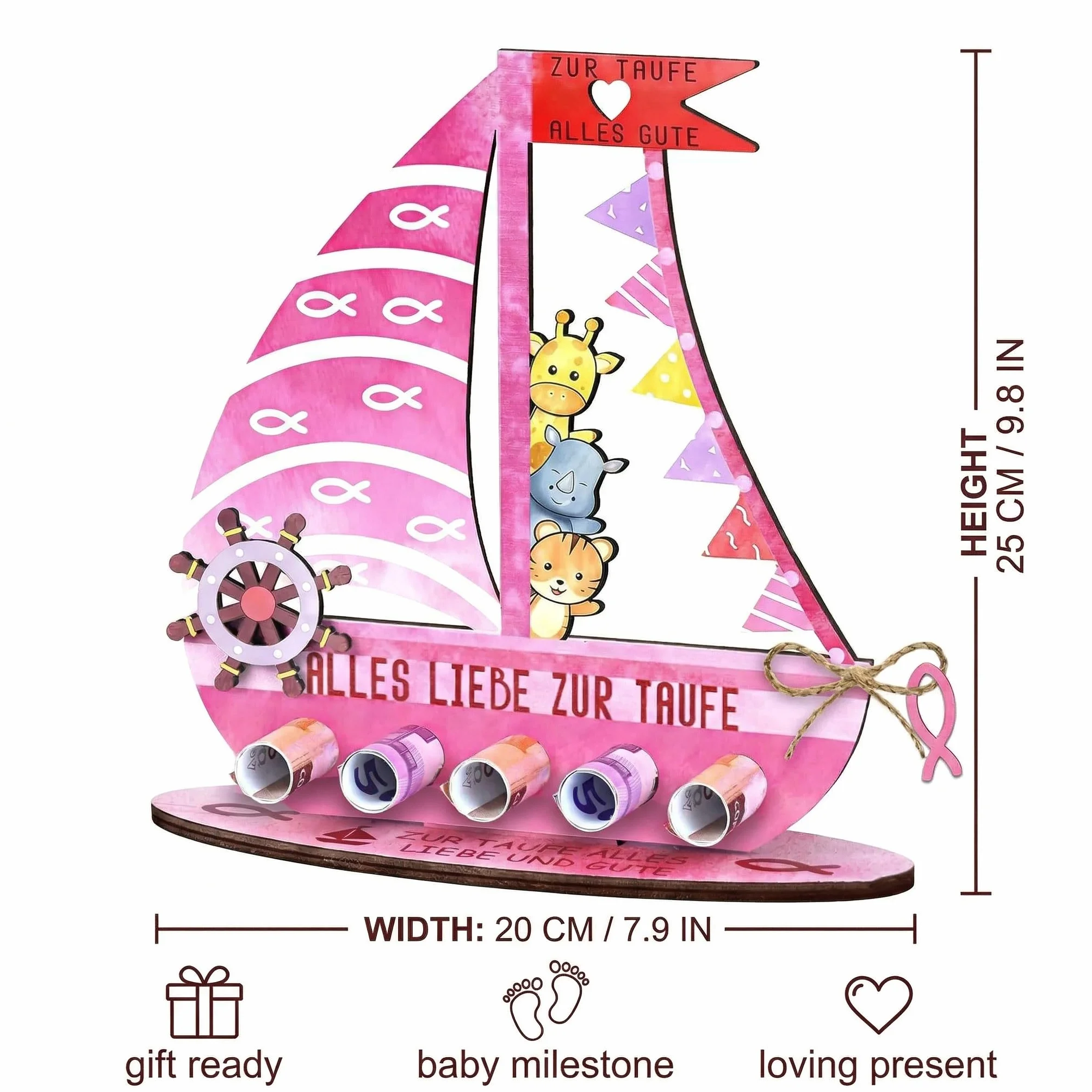 Cadeau Baptême Fille en Bois, Arche de Noé Rose, Souvenir Communion Anniversaire Baby Shower