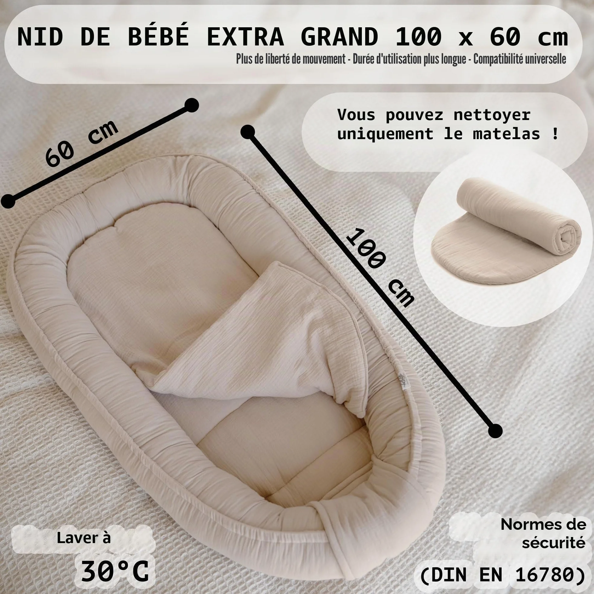 Réducteur de Lit Bébé 100x60 cm Cocon Nouveau-né Mousseline Douce Matelas Nid Bébé Coton Certifié Oeko-TEX Sommeil Sécurisé Berceau Lit Voyage Beige