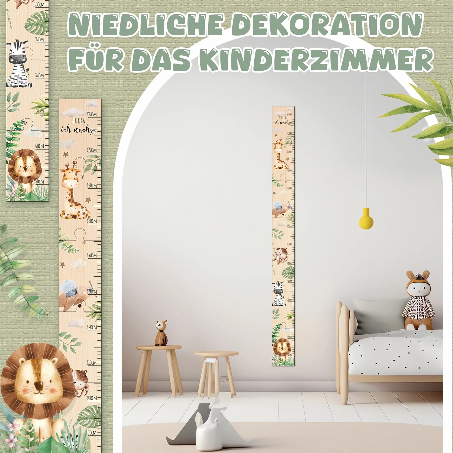Toise Murale Enfant Bois Tableau de Mesures Bébé Cadeau Naissance Hurra Ich Wachse Décoration Chambre Animaux Forêt