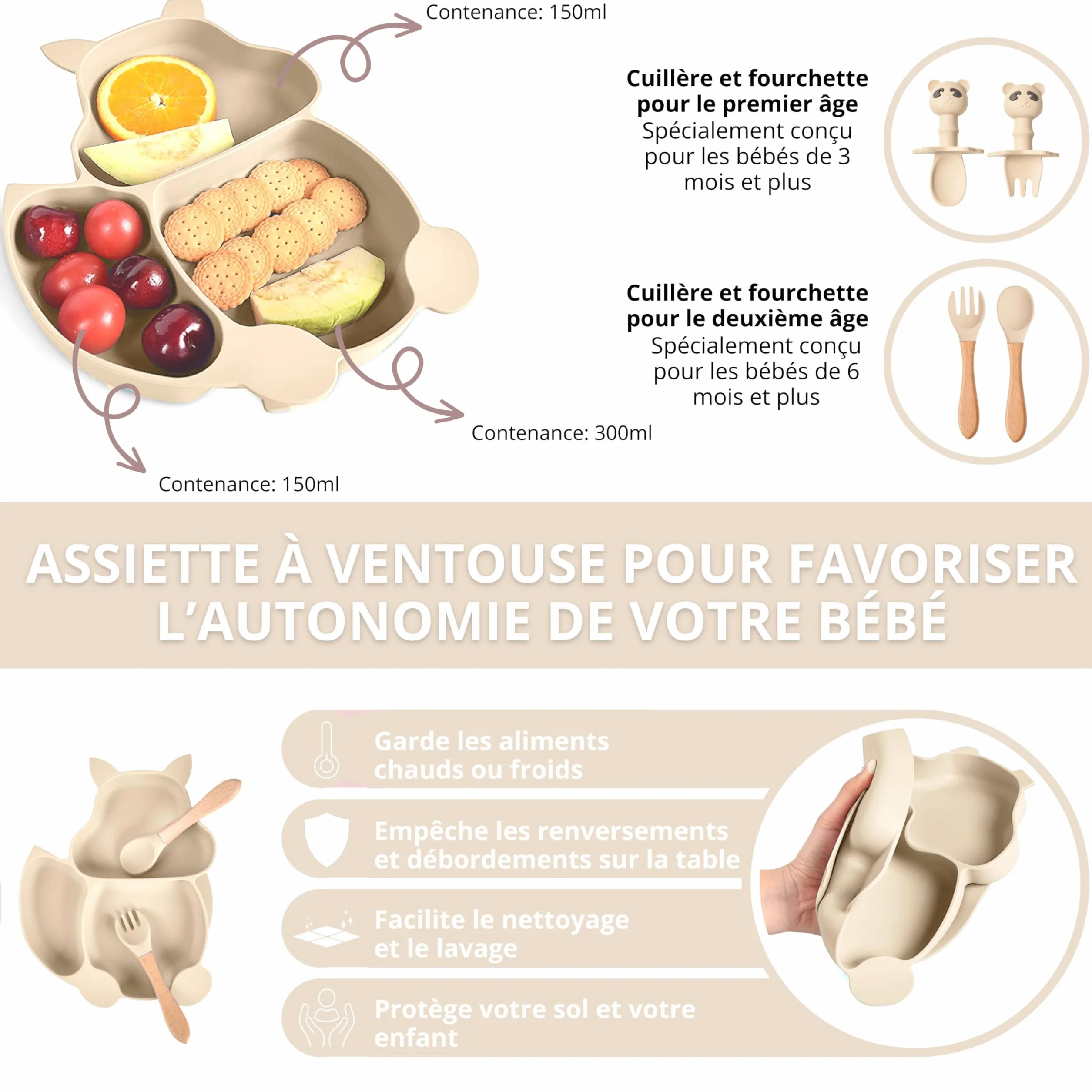 TudoBem Coffret Repas Bebe Accessoire 8 Pièces Set Vaisselle Bebe 1er age Assiette Bebe Bol Ventouse Bébé Cadeau Bebe Garcon Vaisselle Enfant Complete Beige