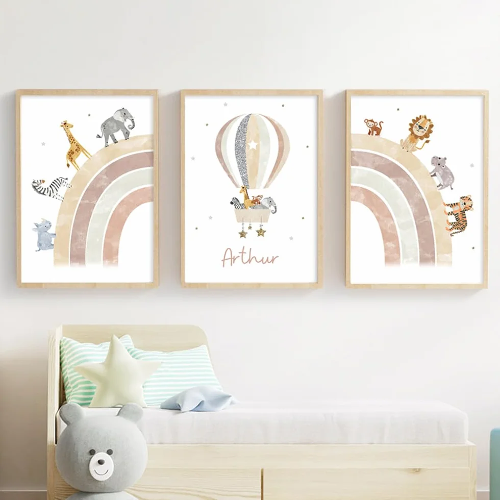 Affiche Animaux Chambre Bebe 30x40cm Poster Personnalisé Prenom Enfant Lion Elephant Arc en Ciel Montgolfière Tableau Savane Toile Cadeau sans Cadre