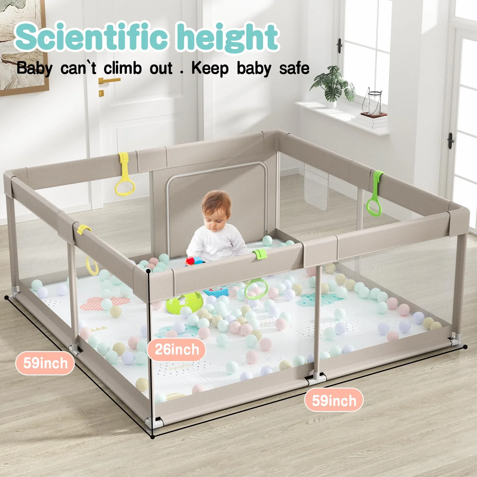 Parc bébé 150 x 150 cm avec tapis, fermeture éclair, 4 anneaux de traction, aire de jeu sécurisée intérieur extérieur