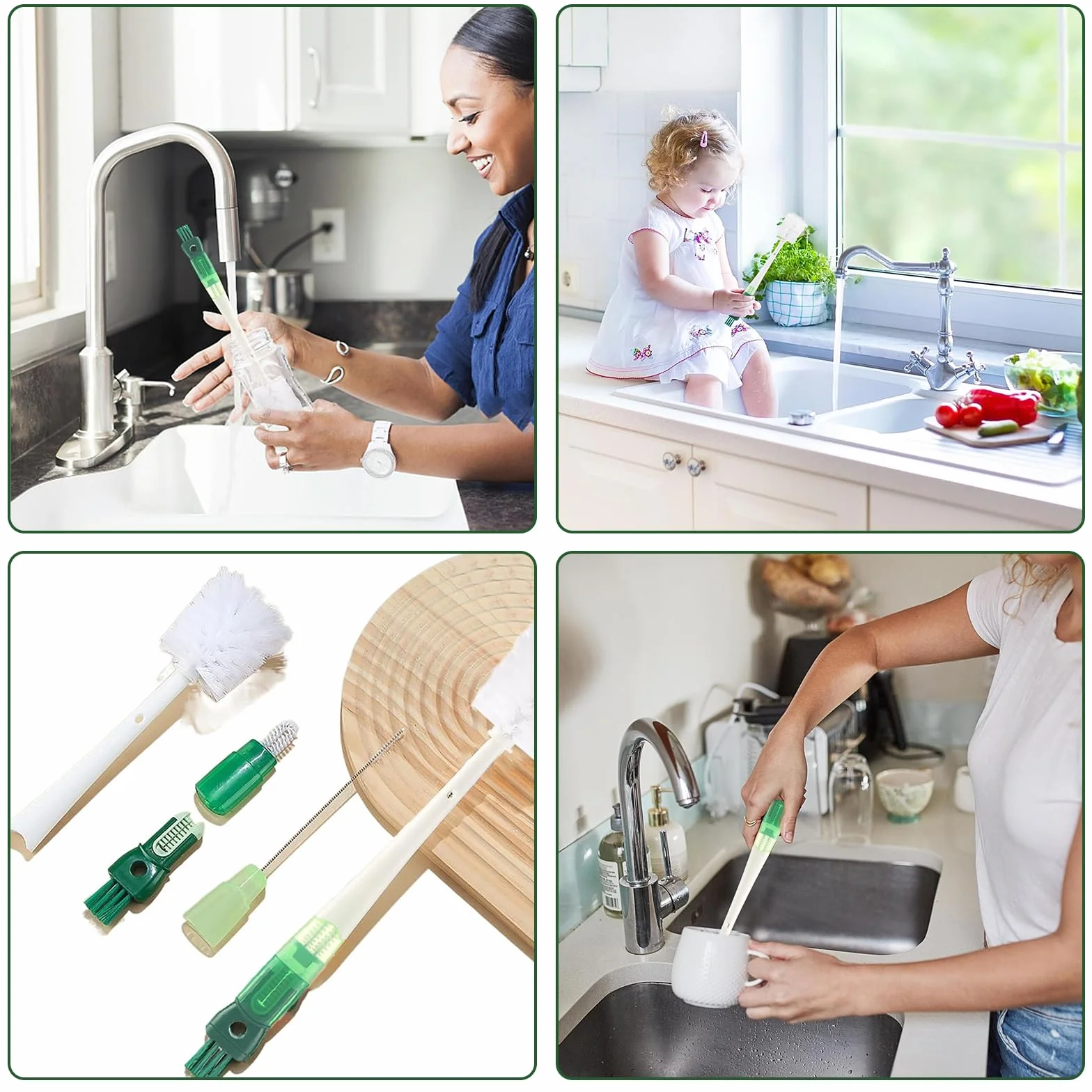 Brosse de Nettoyage Bouteille d'eau Multifonctionnelle 5 en 1 pour Biberons, Thermos, Pailles (Vert)