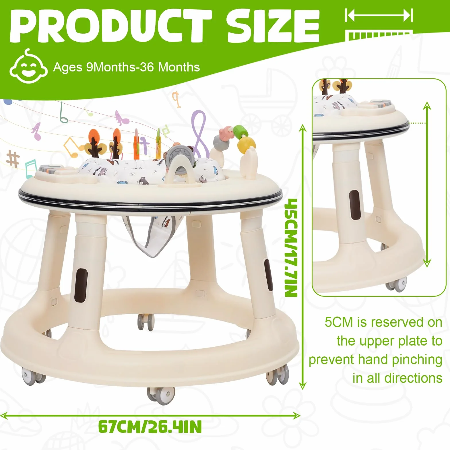 Trotteur Bébé Réglable en Hauteur avec Siège Pivotant 360°, Babywalker Roues Silencieuses, Plateau Activités Musical Amovible, Anti-renversement 9-18 Mois