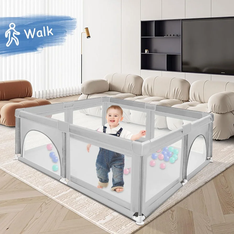 Parc Bébé avec 4 Ventouses et Porte Zippée, Clôture Bébé Tissu Oxford Gris clair 120x120x66cm