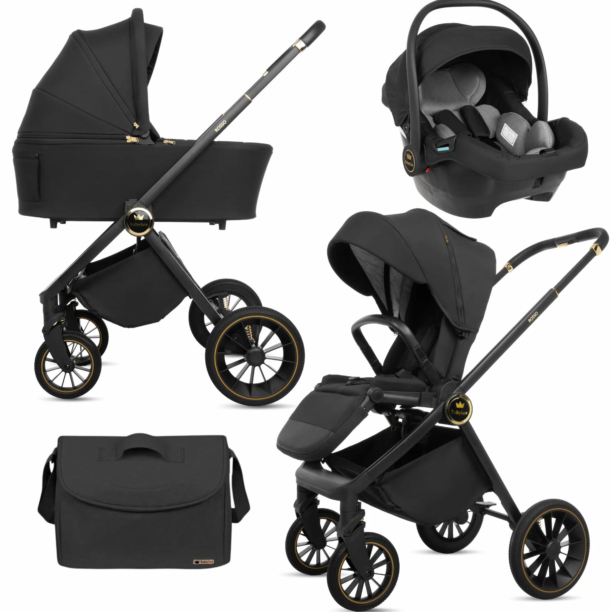 BabyLux Poussette 3en1 Set Rosse, Pliable Léger Poussettes Combinées Baignoire Bébé, Buggy Siège Sport, Coque Bébé I-Size, 4 Positions Couchage, 0-22kg