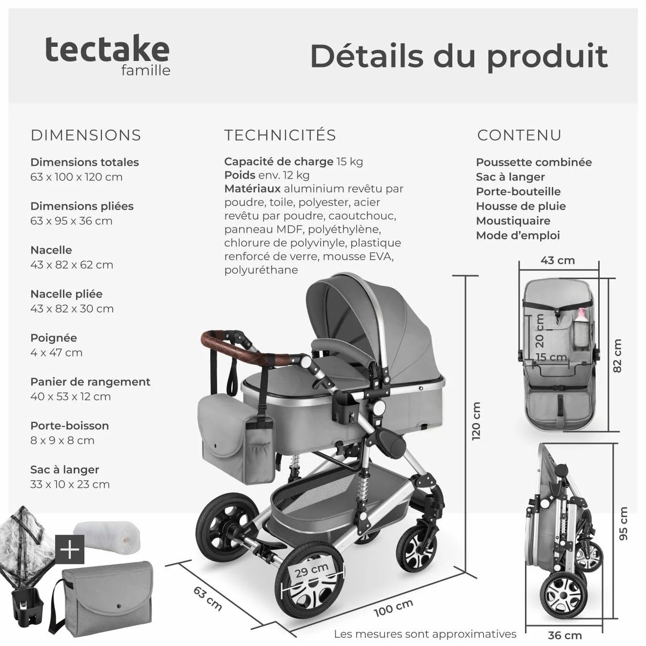 Tectake Poussette combinée pliable 0-36 mois nacelle siège sport harnais 5 points compacte voyage