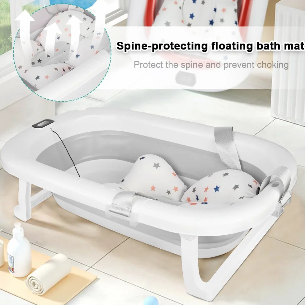 Baignoire Bebe Pliable avec Thermometre Digital, Coussin, Prise Pommeau de Douche, Gris 80x50x23cm 0-24 Mois