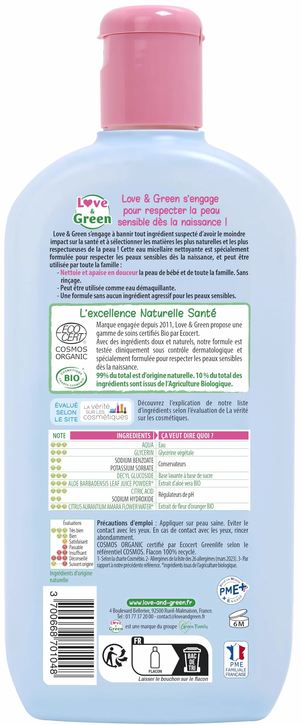 Love & Green Eau Micellaire Nettoyante Bio 500 ml Fabriqué en France
