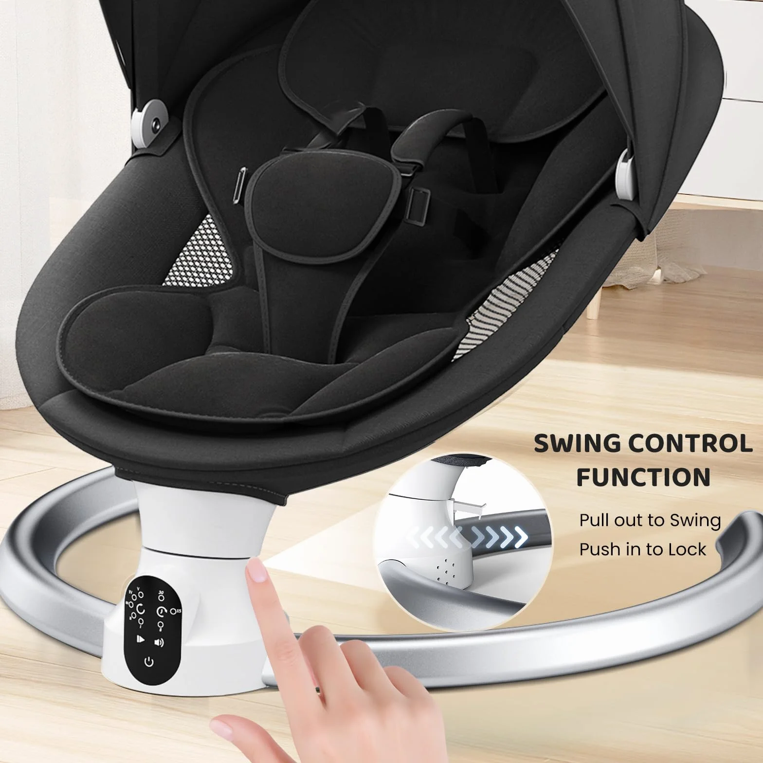 Transat Bébé Électrique avec APP & Télécommande, Balancelle Bébé 5 Vitesses, 10 Musiques, Bluetooth Noir