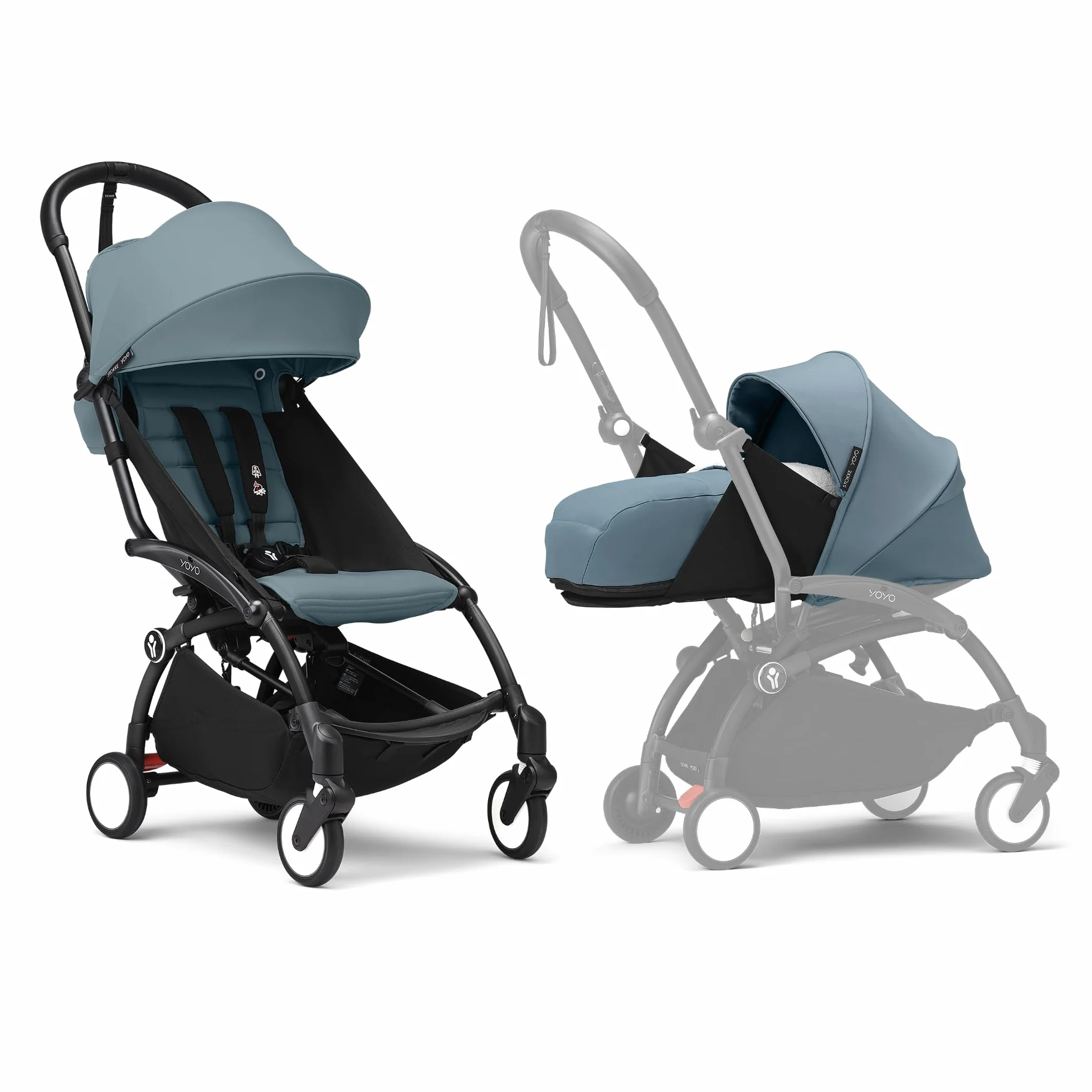 Stokke YOYO3 Poussette avec Pack Nouveau-né et Pack Couleur 6+ (Aqua) Cadre Noir