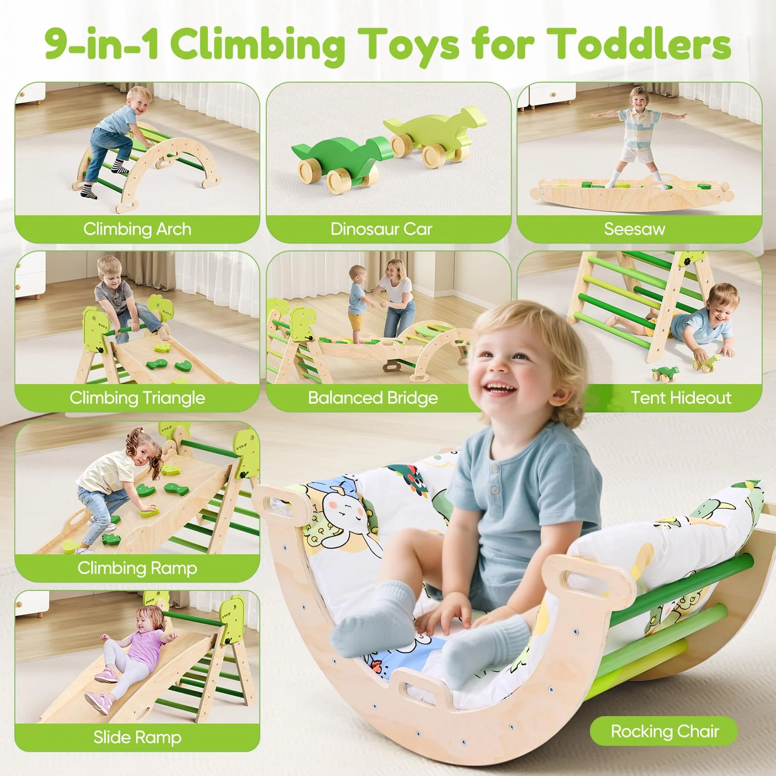 Parcours motricité Enfant 9 en 1, Structure d'escalade pour bébé Montessori, Ensemble d'escalade d'intérieur avec Coussin Doux Lavable
