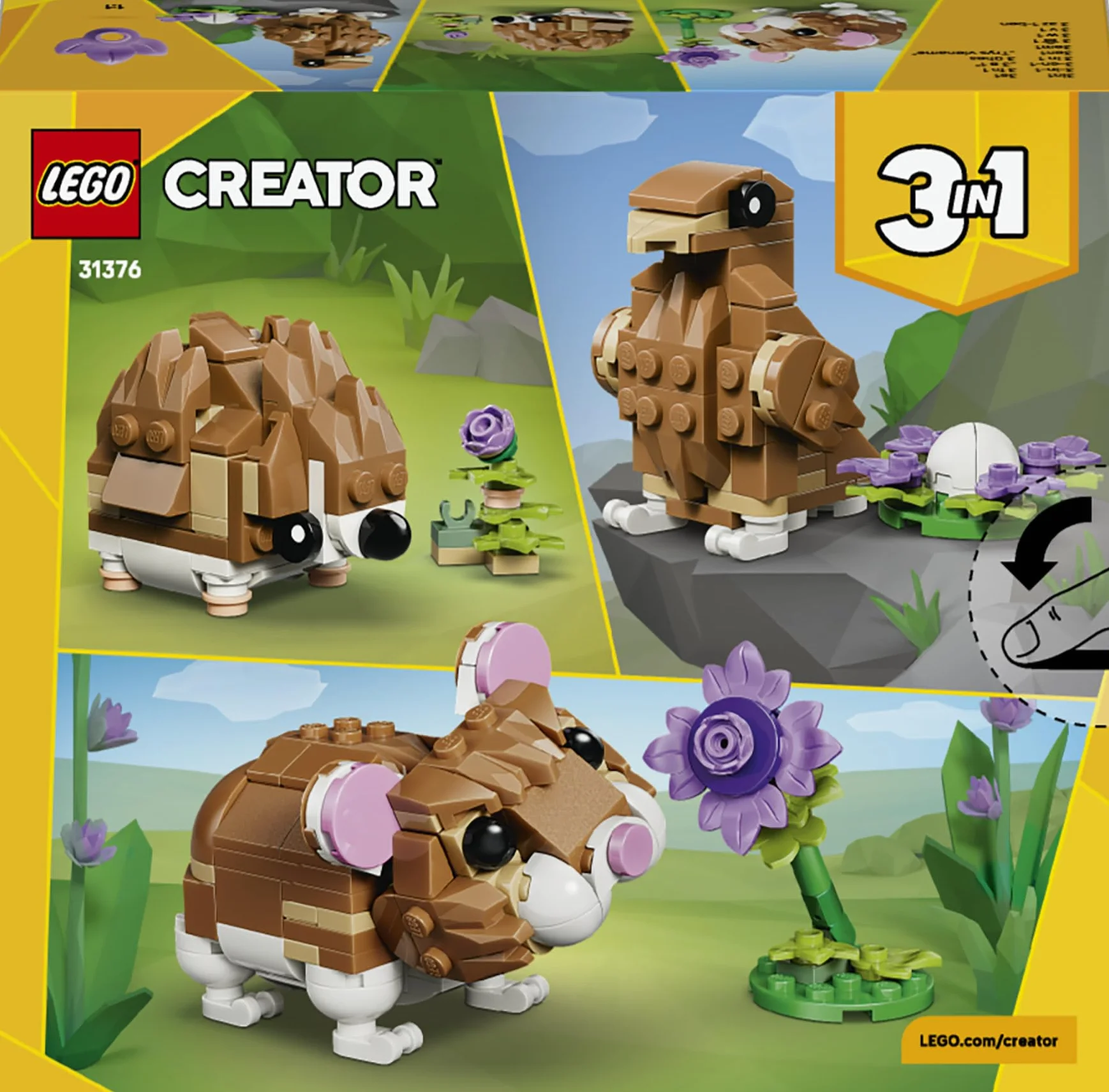 LEGO Creator 3-en-1 L’Adorable Hamster et la Fleur 31376 Figurine d'animal Transformable Aigle Hérisson