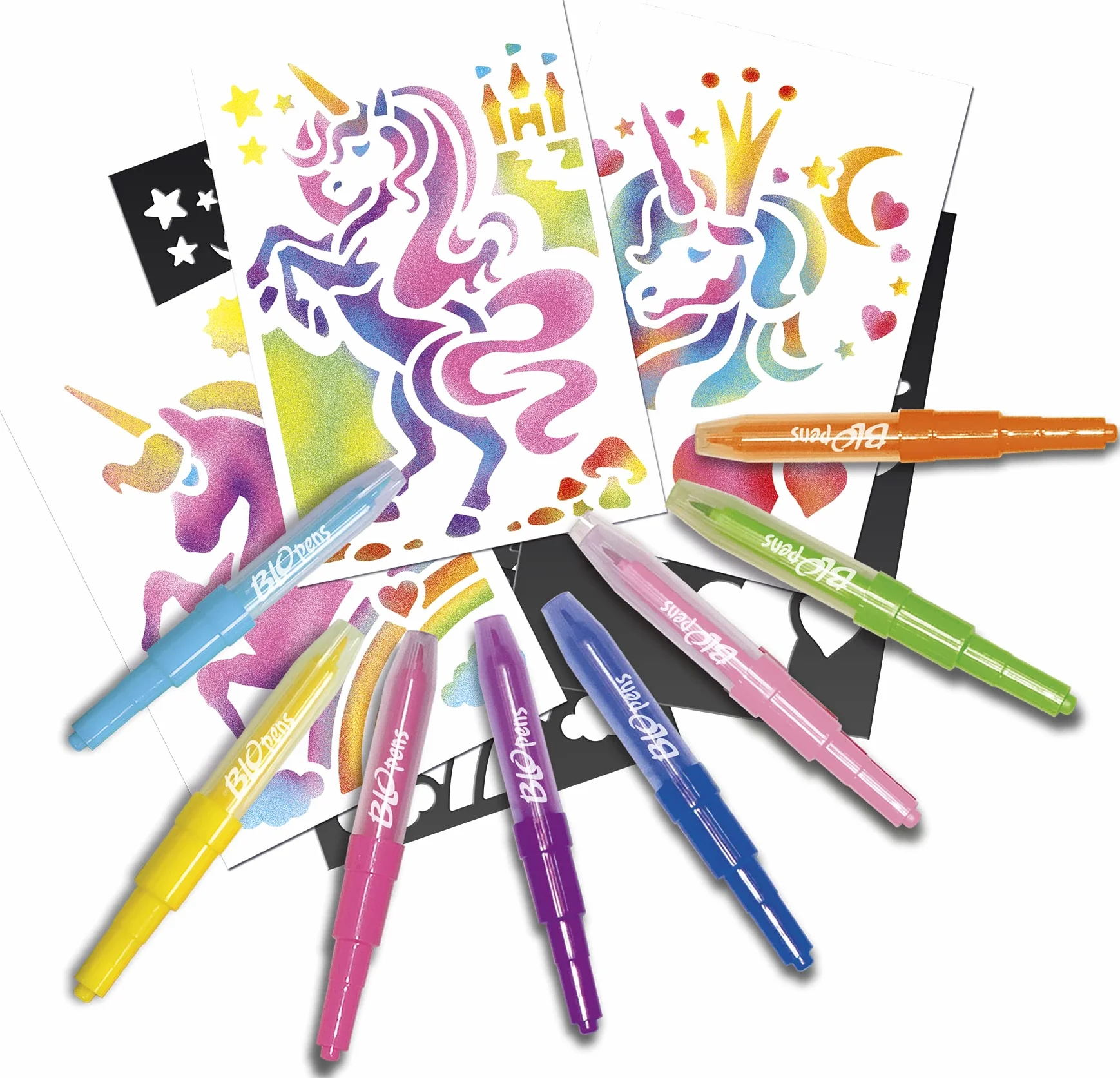 Lansay BLOPENS Set d'Activités Chevaux Fantastiques 8 Feutres de Coloriage À Souffler 6 Pochoirs Réutilisables Feuilles Kit Dessins Licornes Enfants dès 5 Ans