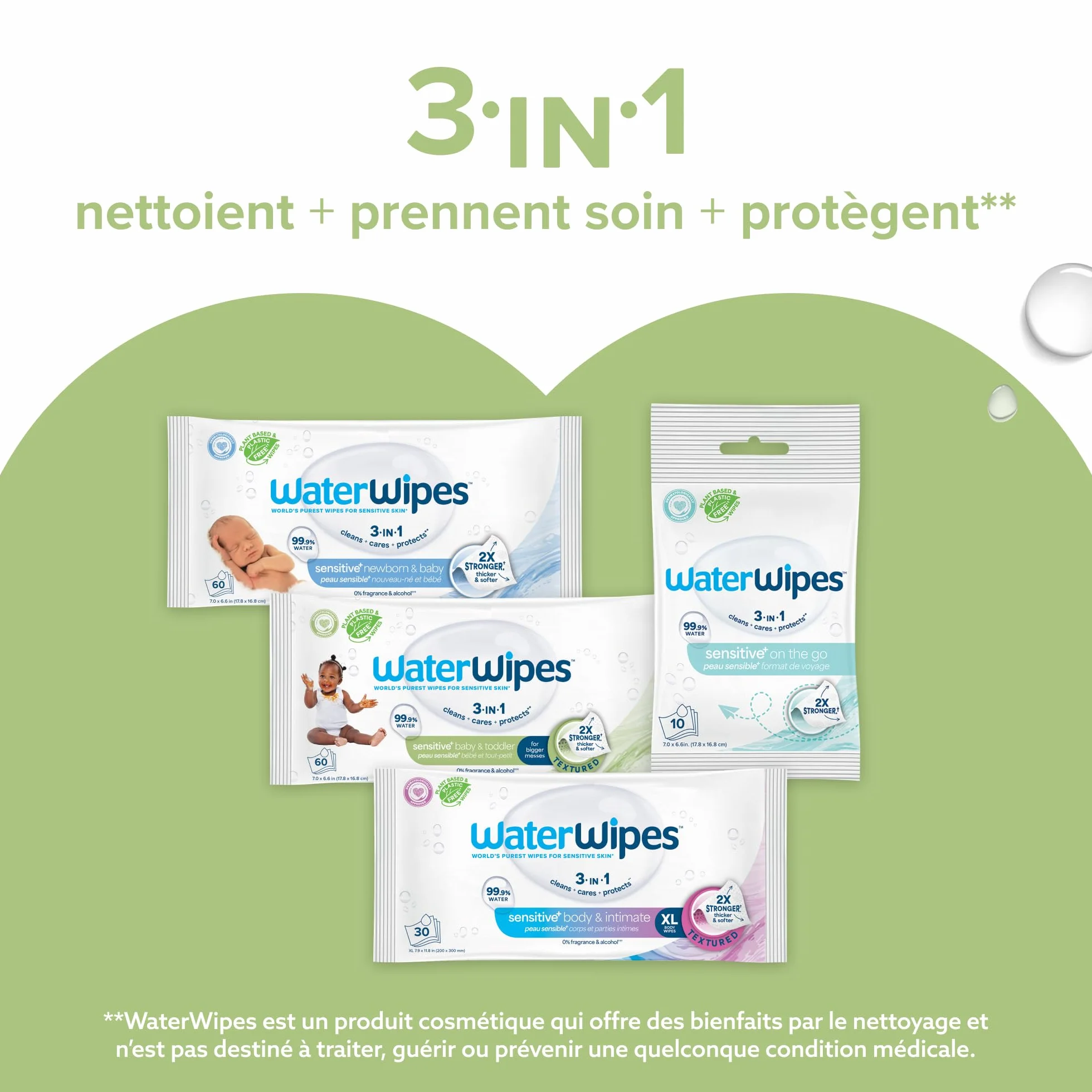 WaterWipes Sensitive+ Lingettes Bébé 240 unités (4 paquets) 99,9% d'eau Textured Clean non parfumées