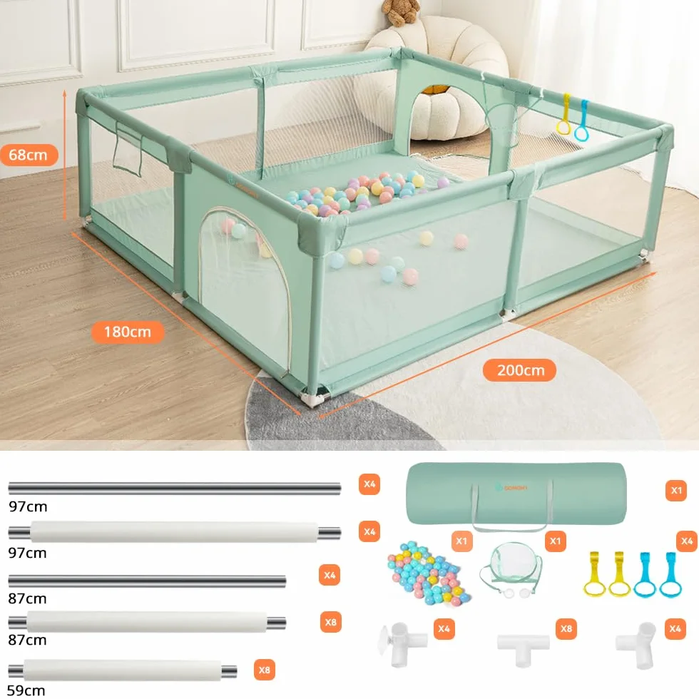 COMOMY Parc Bébé 200x180x66cm XXL avec 50 Boules, Mini Vannerie, 4 Anneaux de Traction, Filet Respirant Centre d'Activités Vert