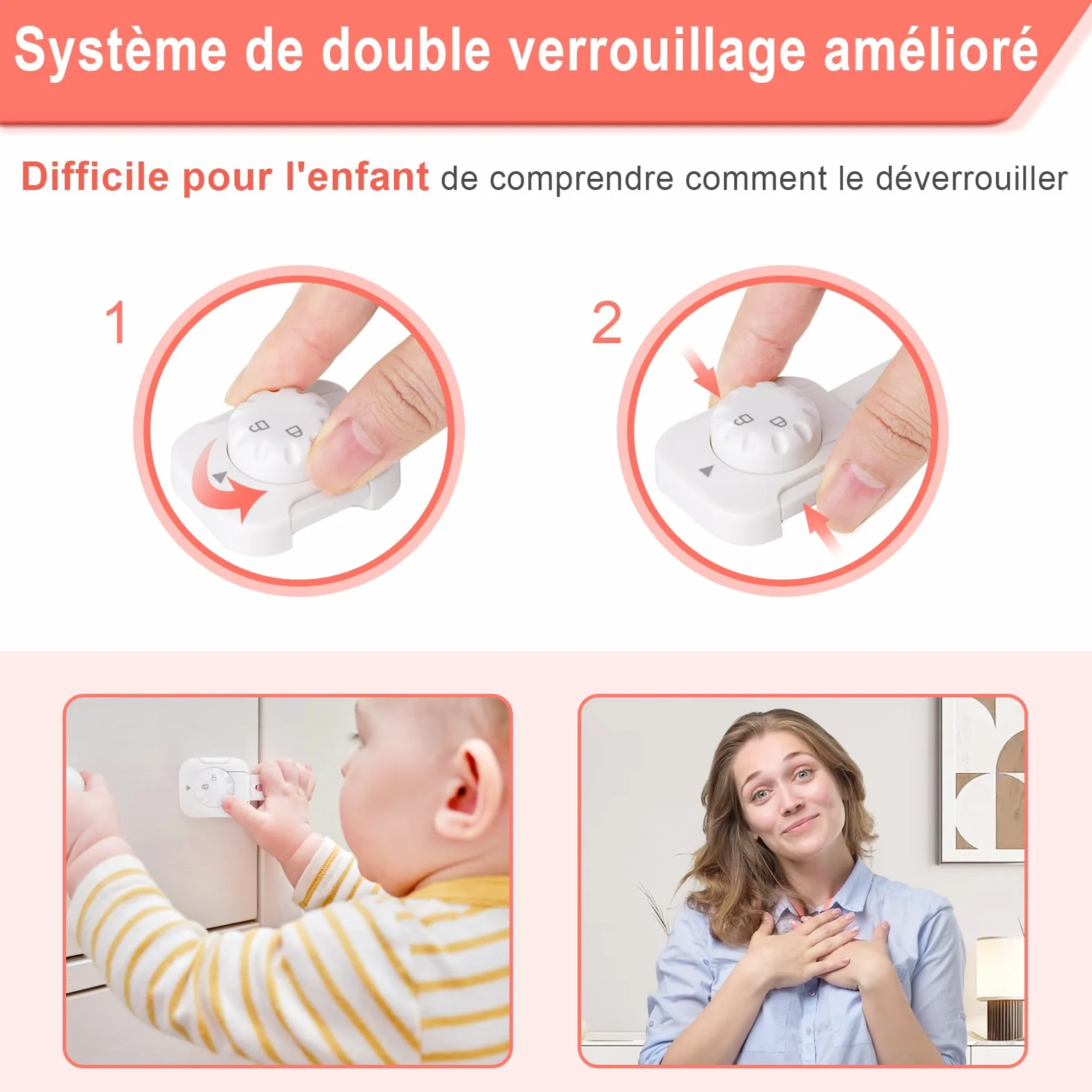 REDTRON Lot de 6 Bloque tiroir sécurité enfant bébé, Verrouillage amélioré, Blanc, sans outil pour tiroir four toilettes réfrigérateur