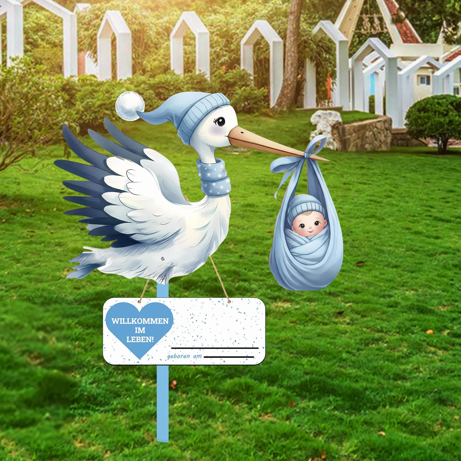 Cigogne à Clapette Naissance Bébé Imprimé Deux Faces Bâton Bois Plaque Nominative Intérieur Extérieur Cadeau (Bleu)