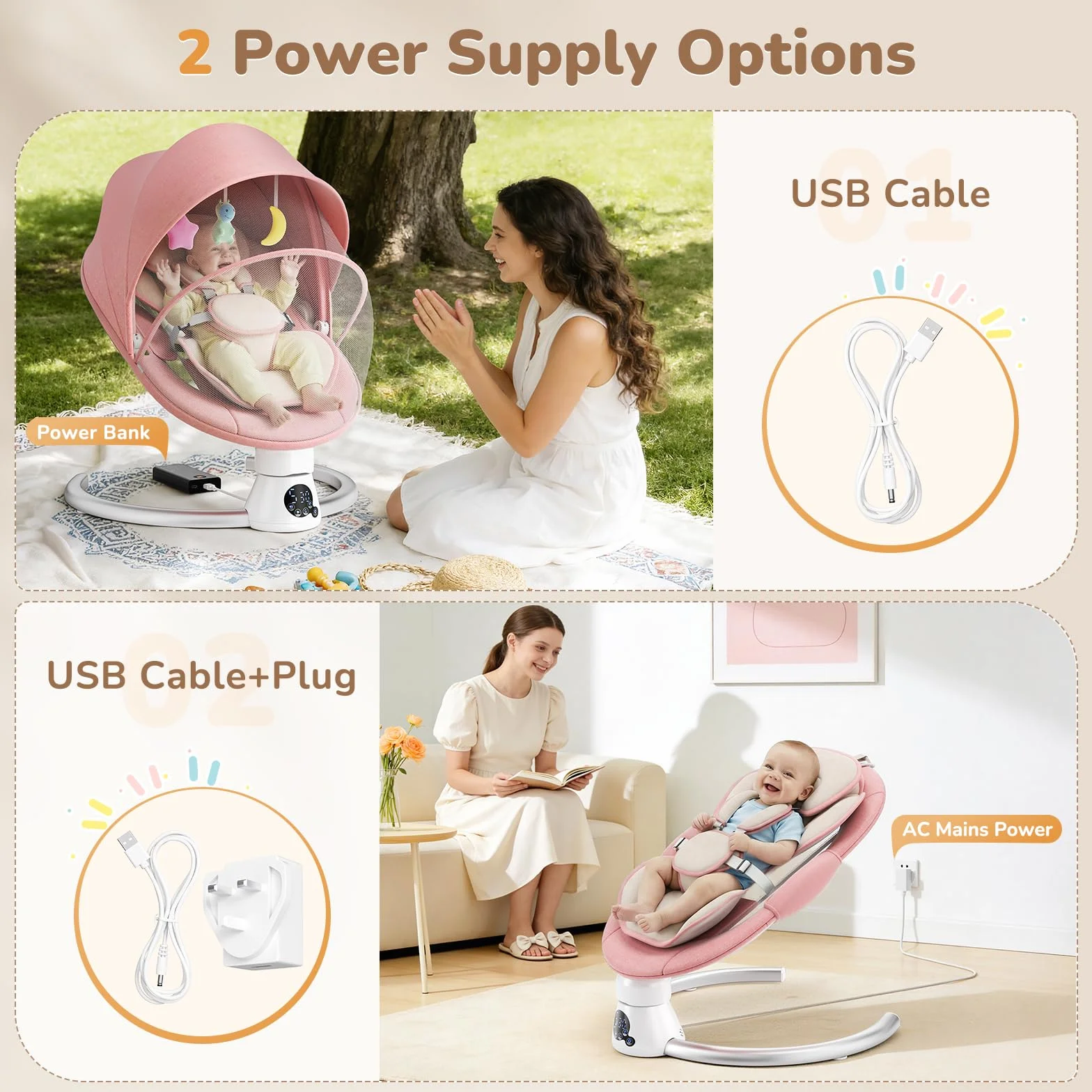 Balançoire Électrique pour Bébé Transat avec Dossier Réglable 2 Niveaux, Bluetooth, 12 Sons, Télécommande, 2 Alimentations (Rosa)
