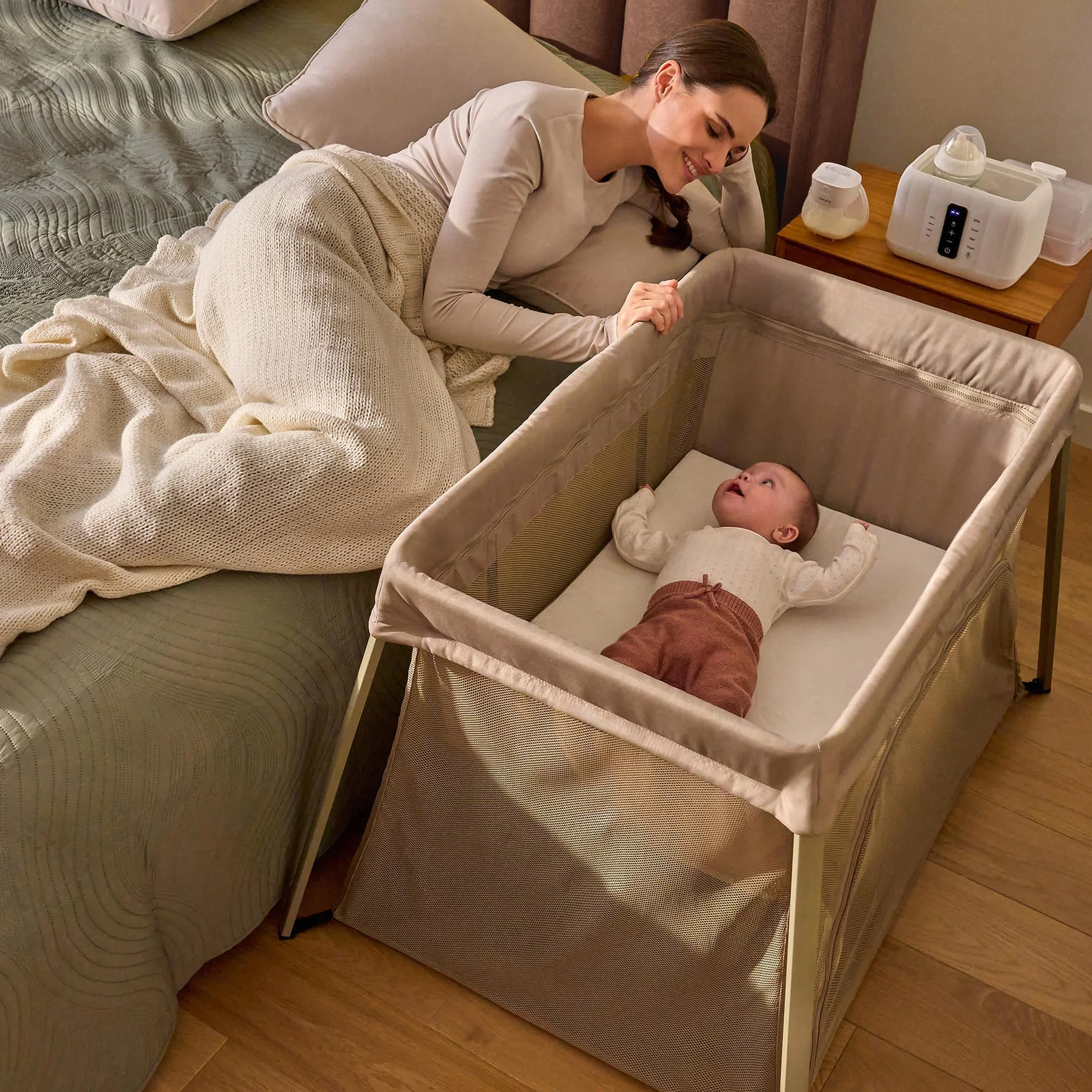 Lionelo Lit de Voyage Bébé Parc Enfant 3en1 Alice 0-15 kg Matelas Mousse 2 Niveaux Hauteur Pliable Léger Entrée Latérale Sac Voyage Beige